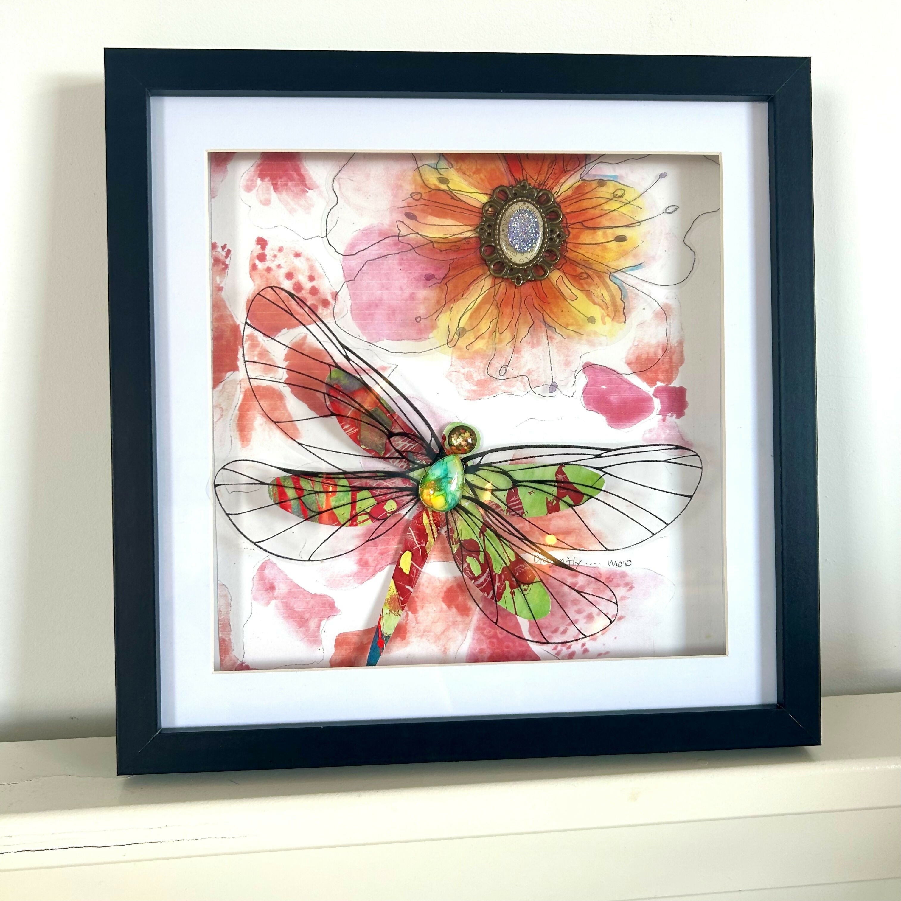 Florals & Dragonfly Mixed Media Framed Artwork