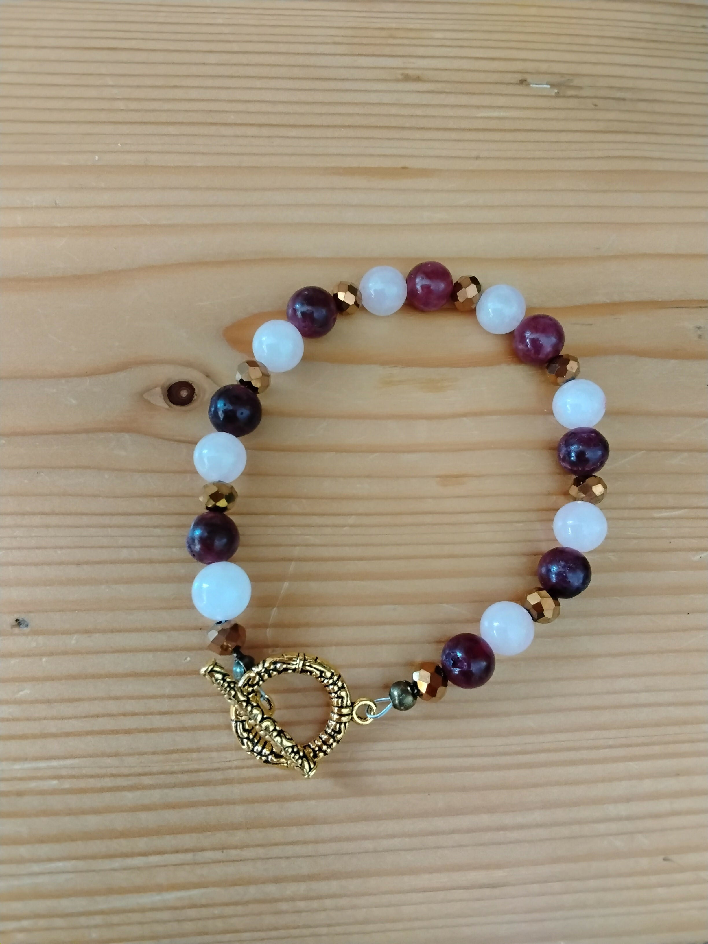 Tibetan Silver/Bronze Toggle Catch Bracelet with Faceted Copper Hematite, Plum Chalcedony & Rose Quartz.