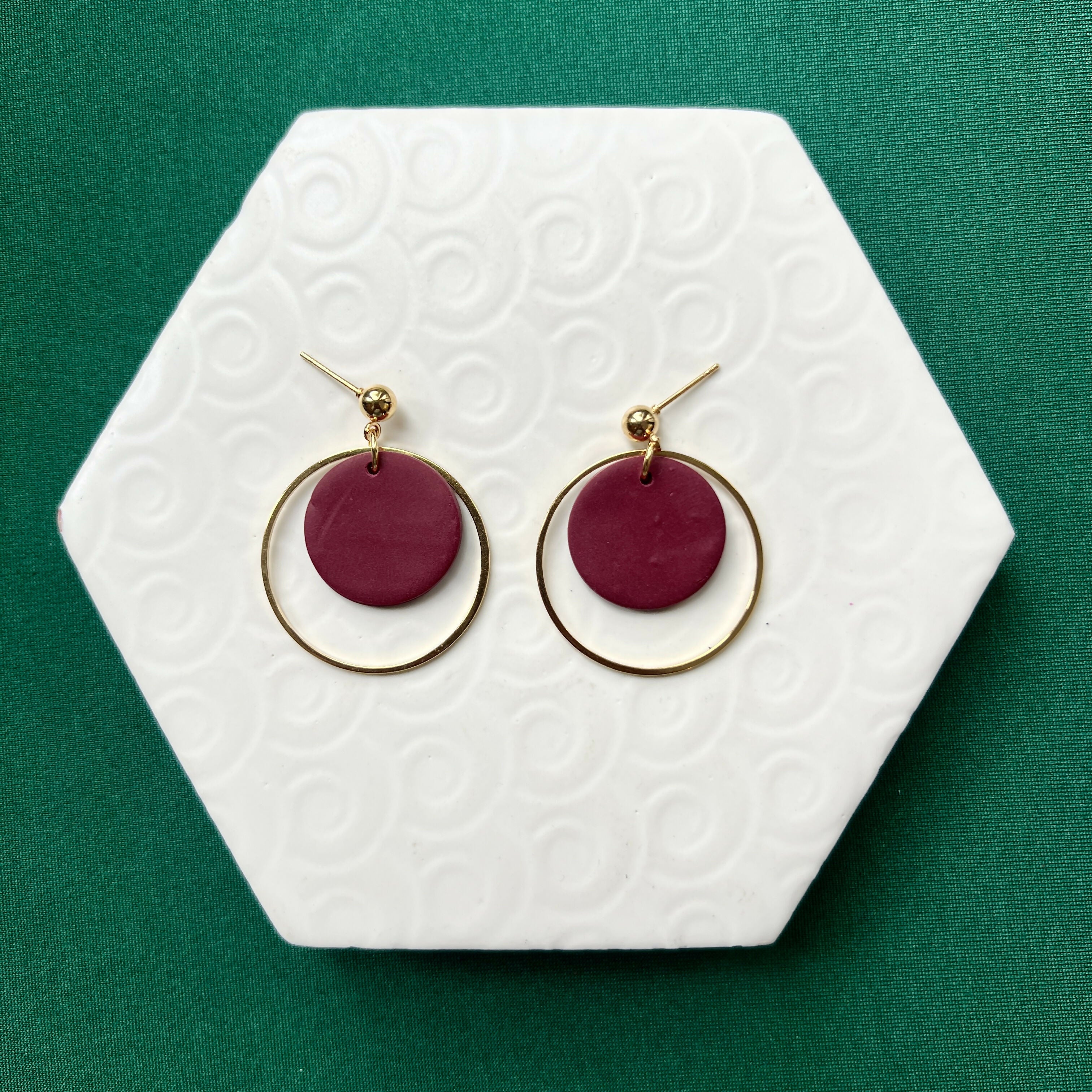 Jessie Burgundy Polymer Clay & Gold Hoop Earrings