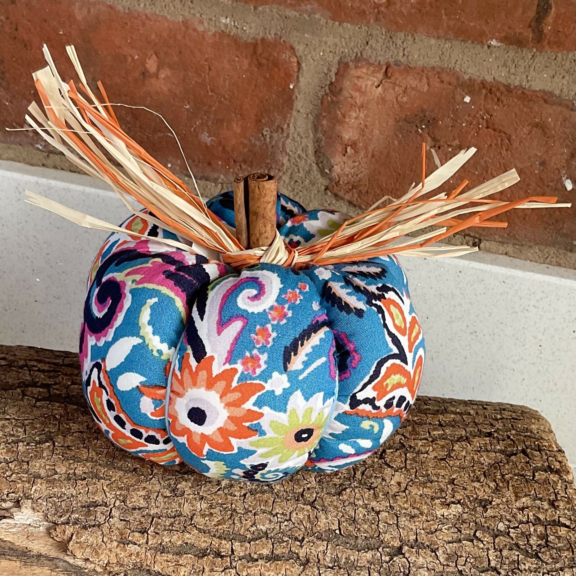 Bright Upcycled Pumpkin Decoration, Colourful Patterned Fabric Ornaments