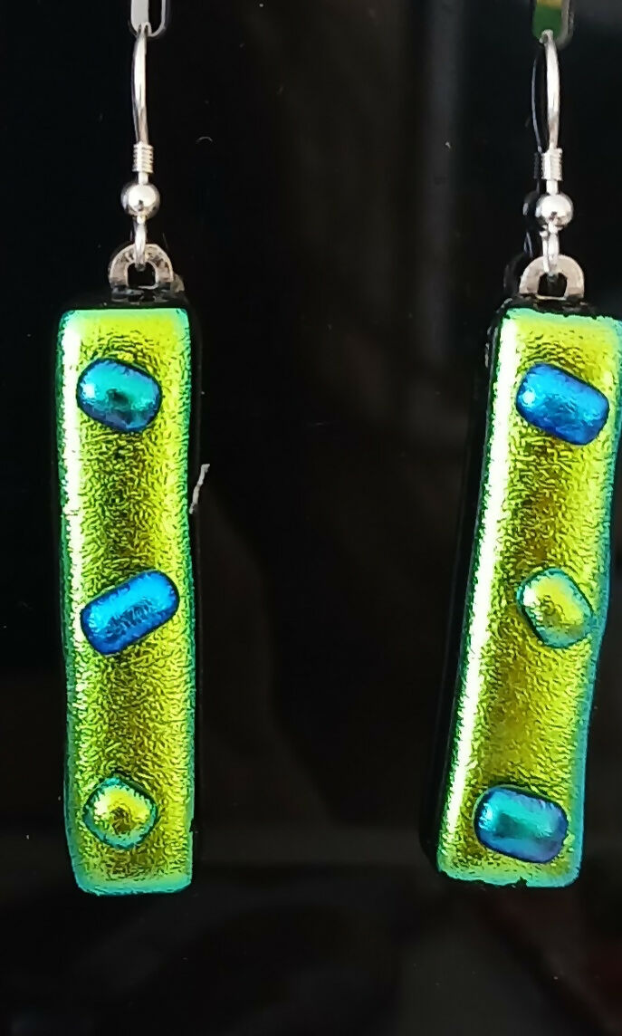 Fused Dichroic Glass Earrings in Yellow and Green With Sterling Silver Hooks