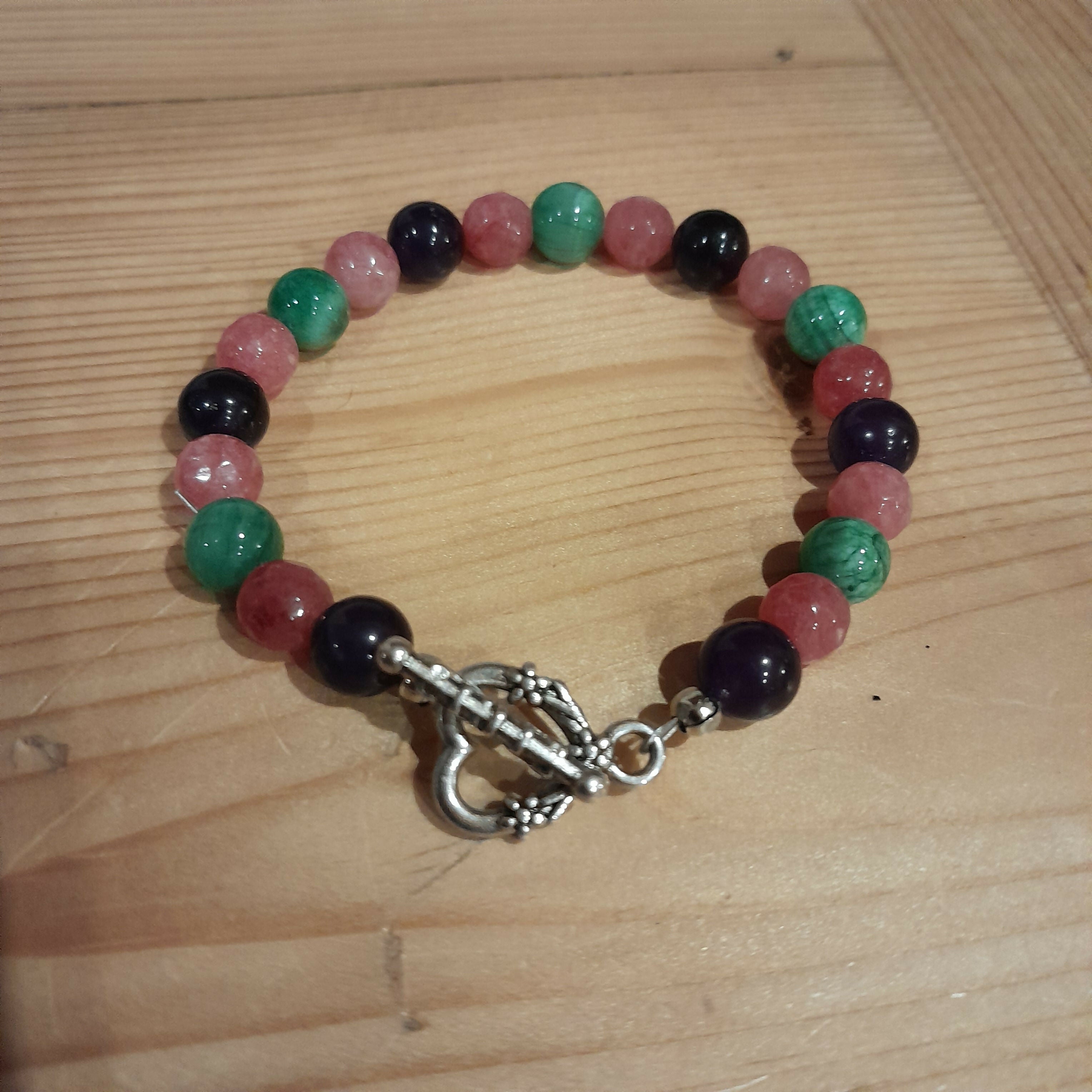 Tibetan Silver Toggle Catch Bracelet with Amethyst, Strawberry Quartz and Green Chalcedony.