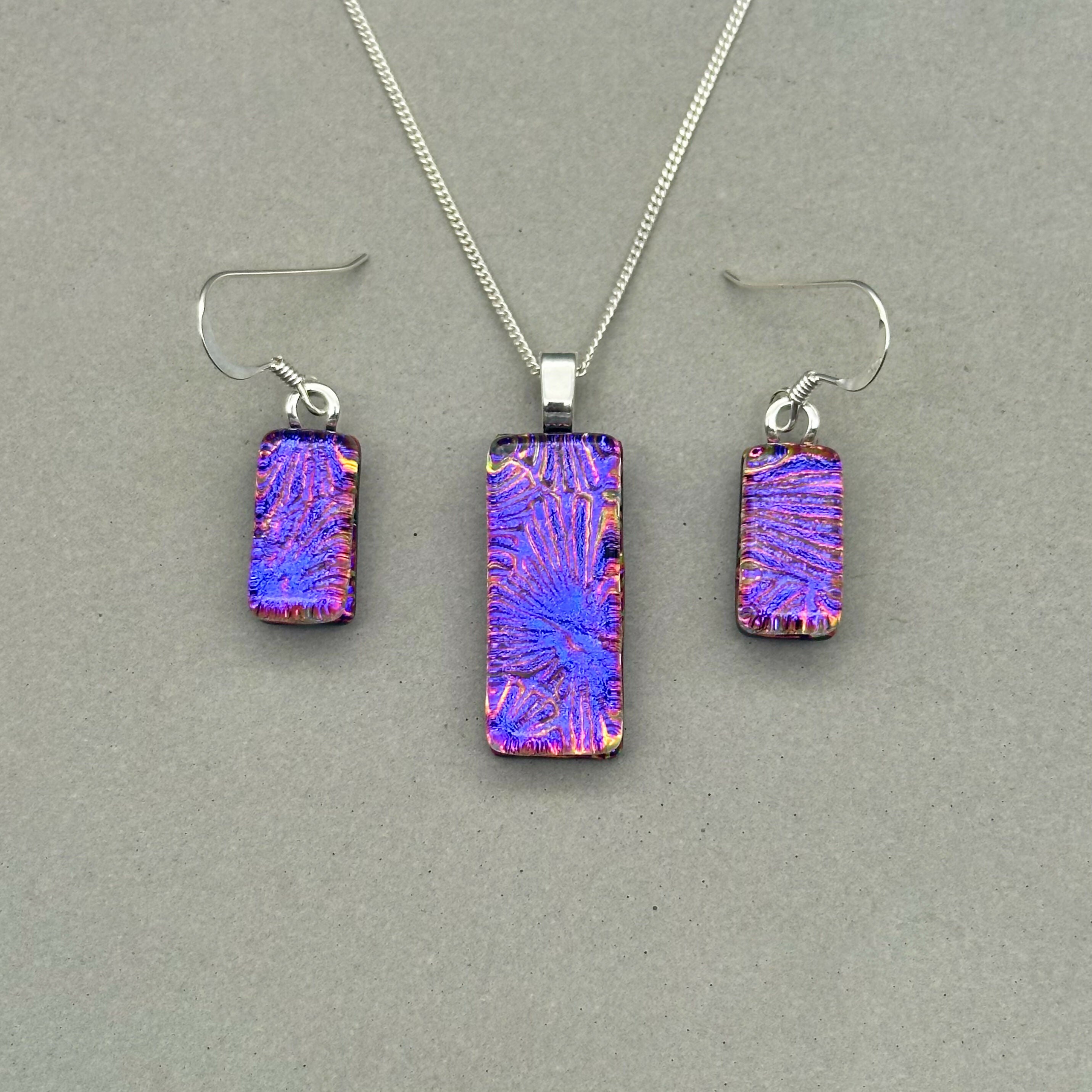 Pink & Purple Flower Dichroic Glass Necklace and Earrings Set - Sterling Silver, Handmade by Jade Tapson Glass.
