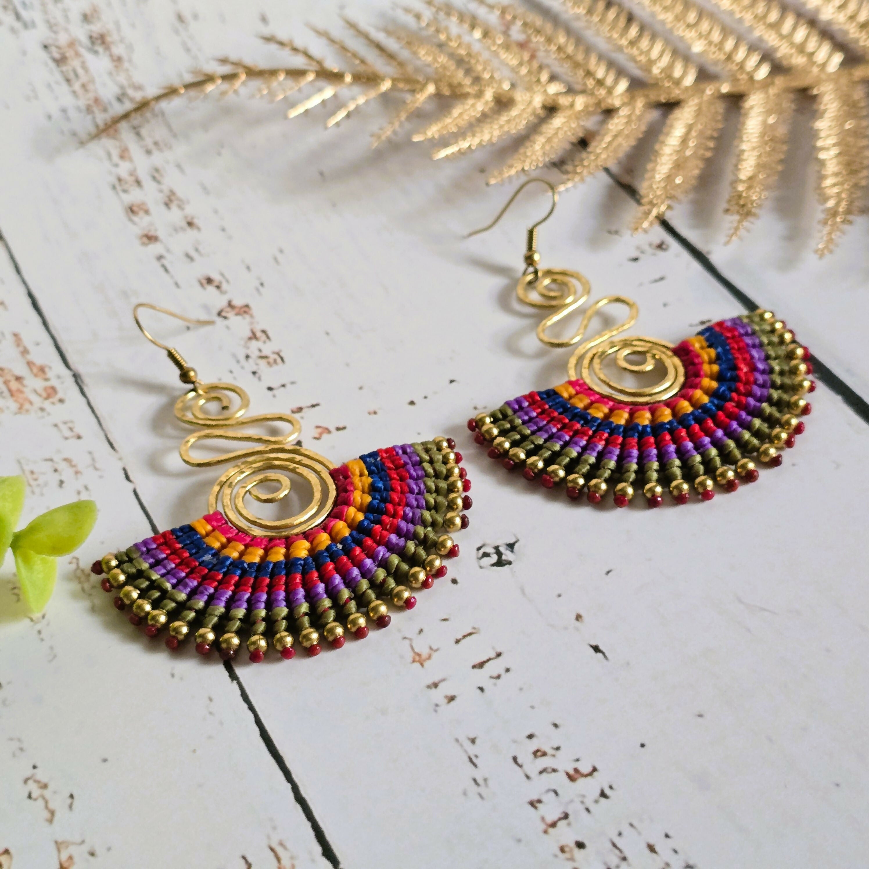 Rainbow Macrame Earrings; Statement Colourful Gold Wire Spiral Exotic Thai Boho Earrings