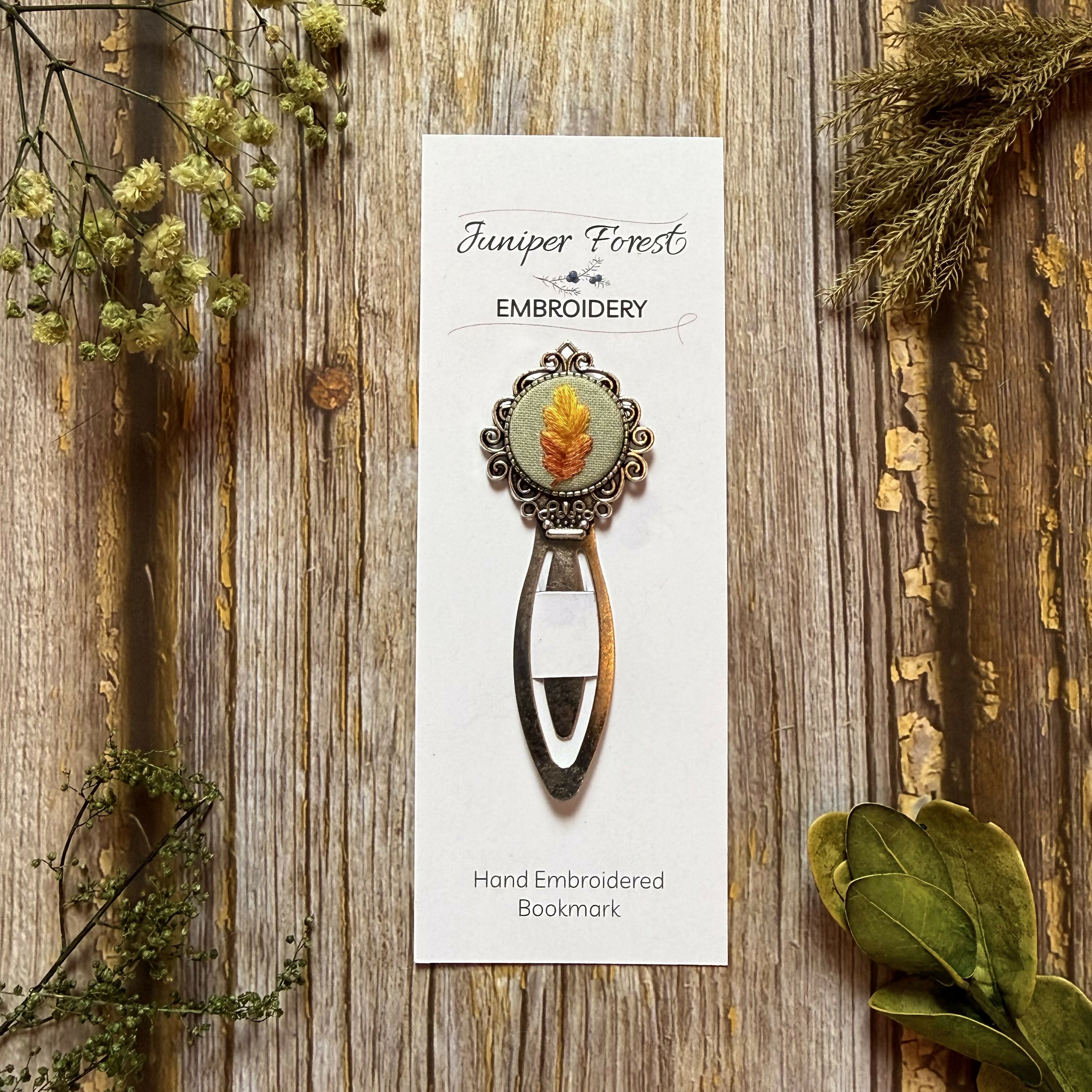 Silver Hand Embroidered Autumnal Oak Leaf Bookmark