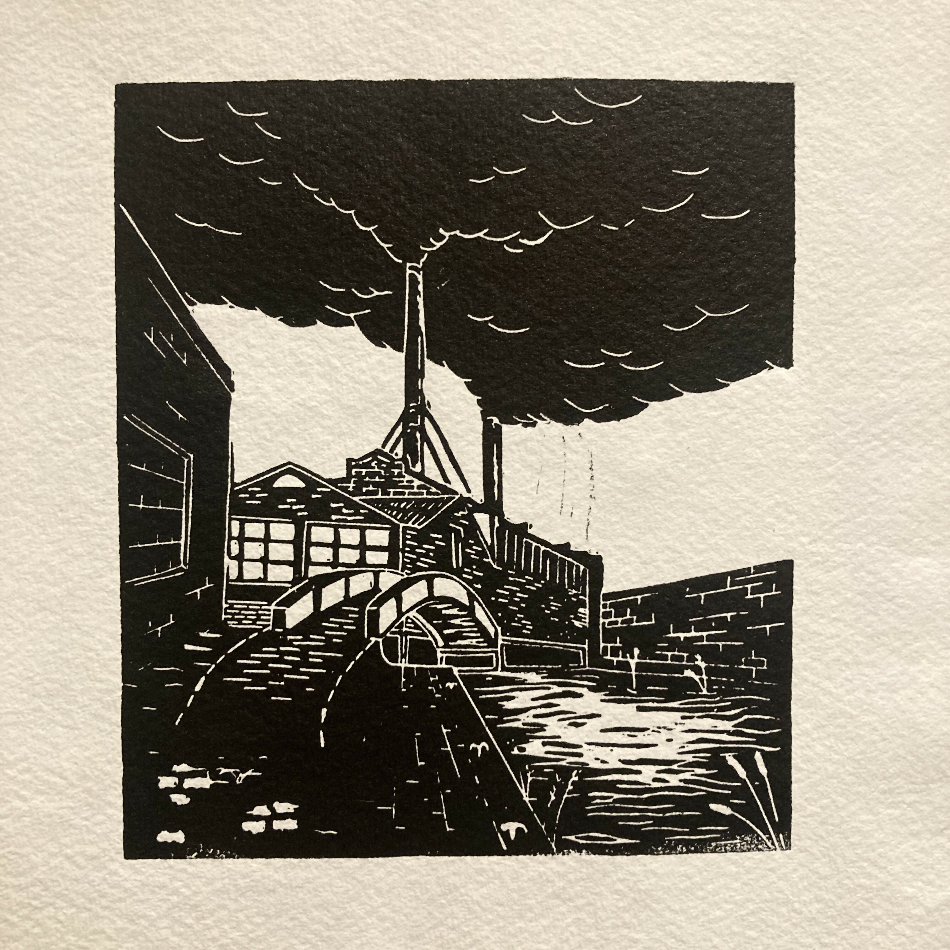 Birmingham Canal - Hand Carved Lino Print On Khadi Paper