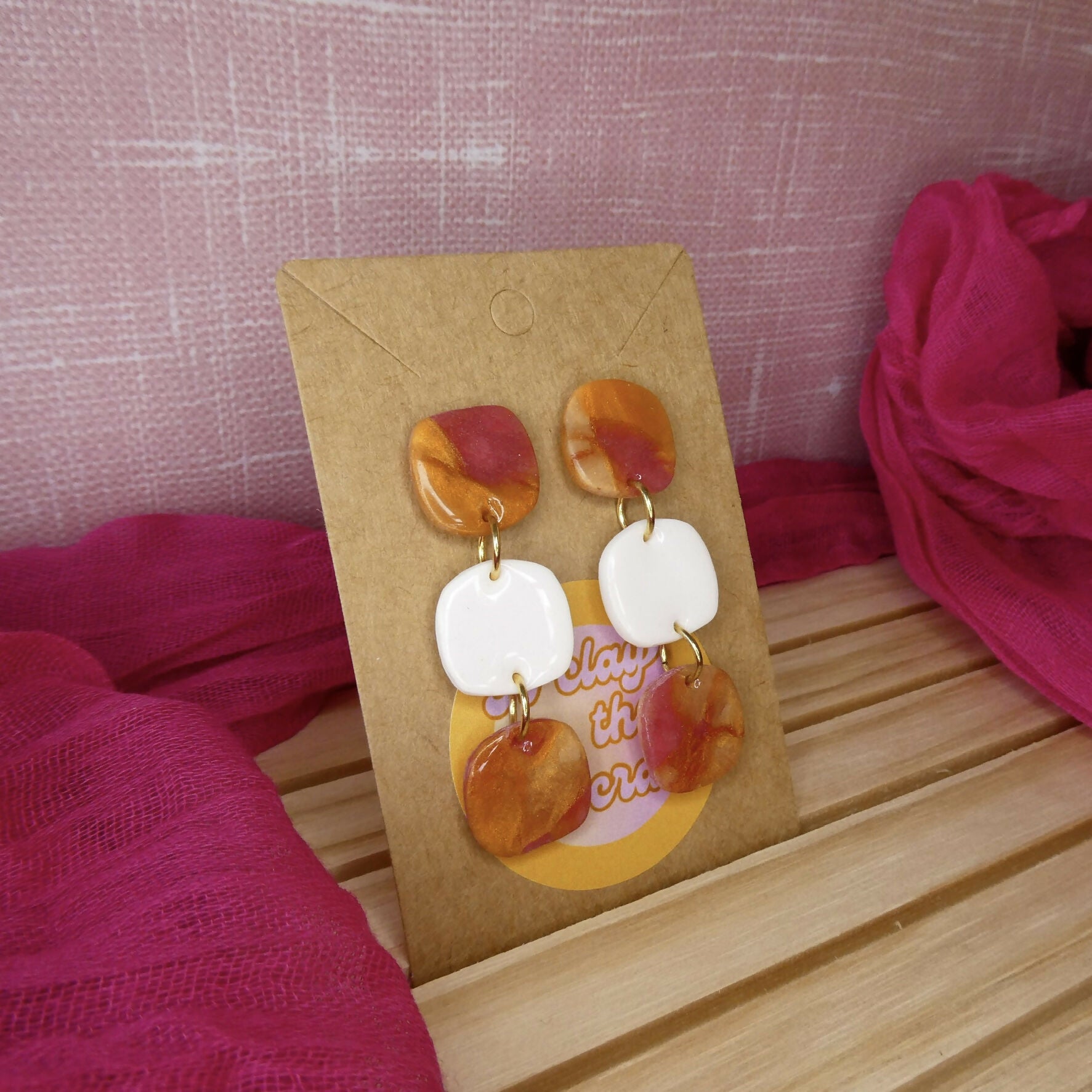 White And Orange Small Square Polymer Clay Earrings