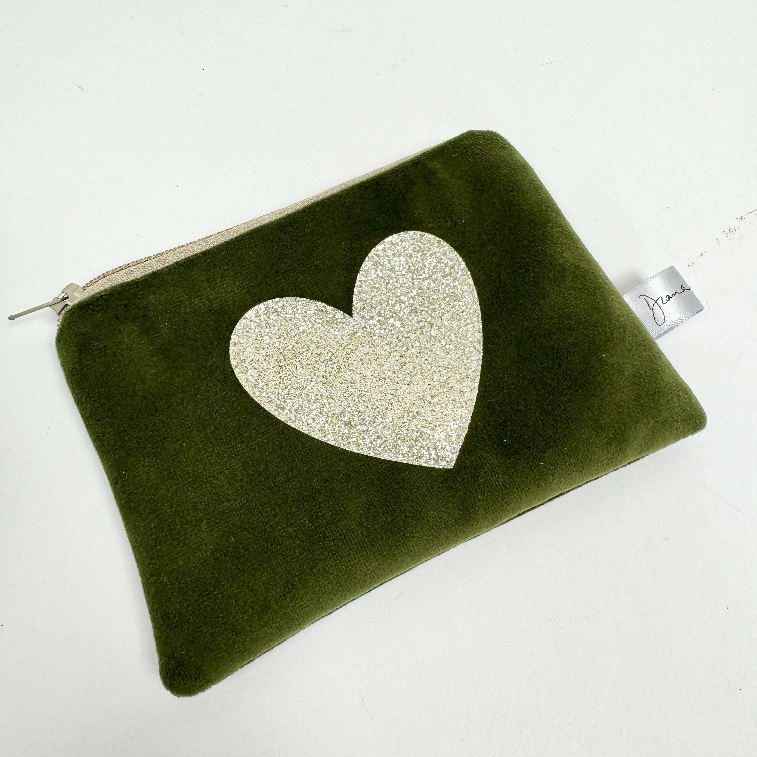 Olive Green Velvet Purse with Gold Sparkle Heart