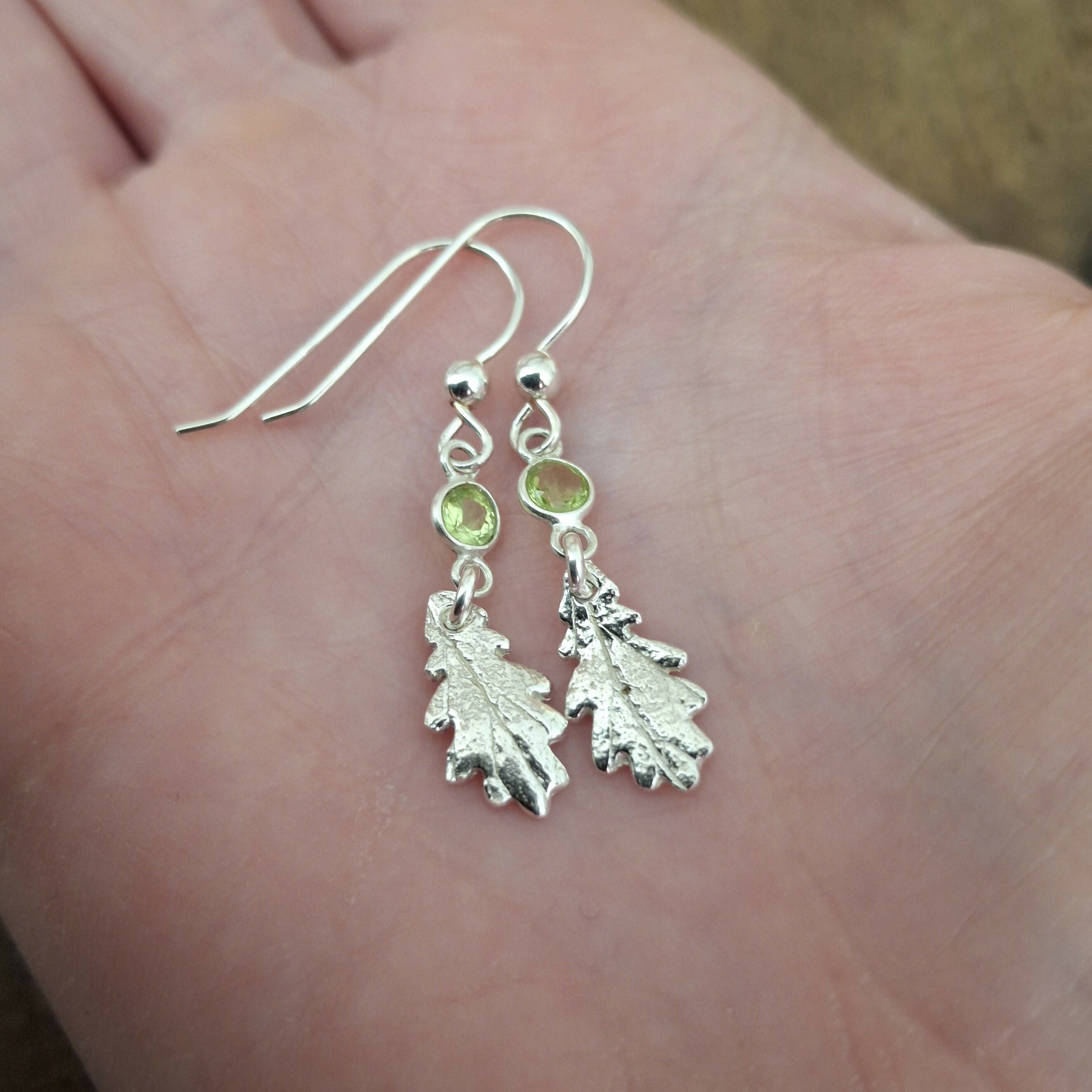 Handmade Silver Oak Leaf Earrings With Peridot Stones