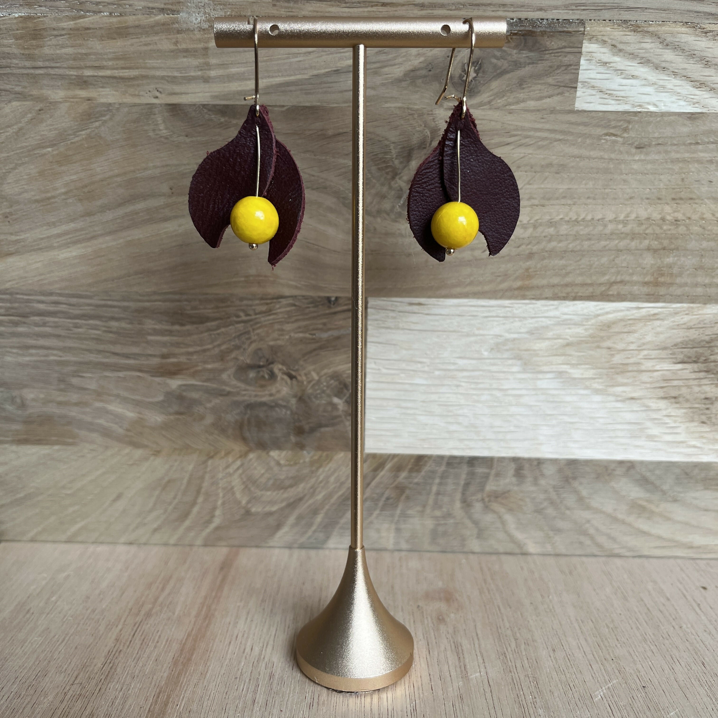 Forest Whisper Leather Bloom Earrings – Burgundy & Mustard