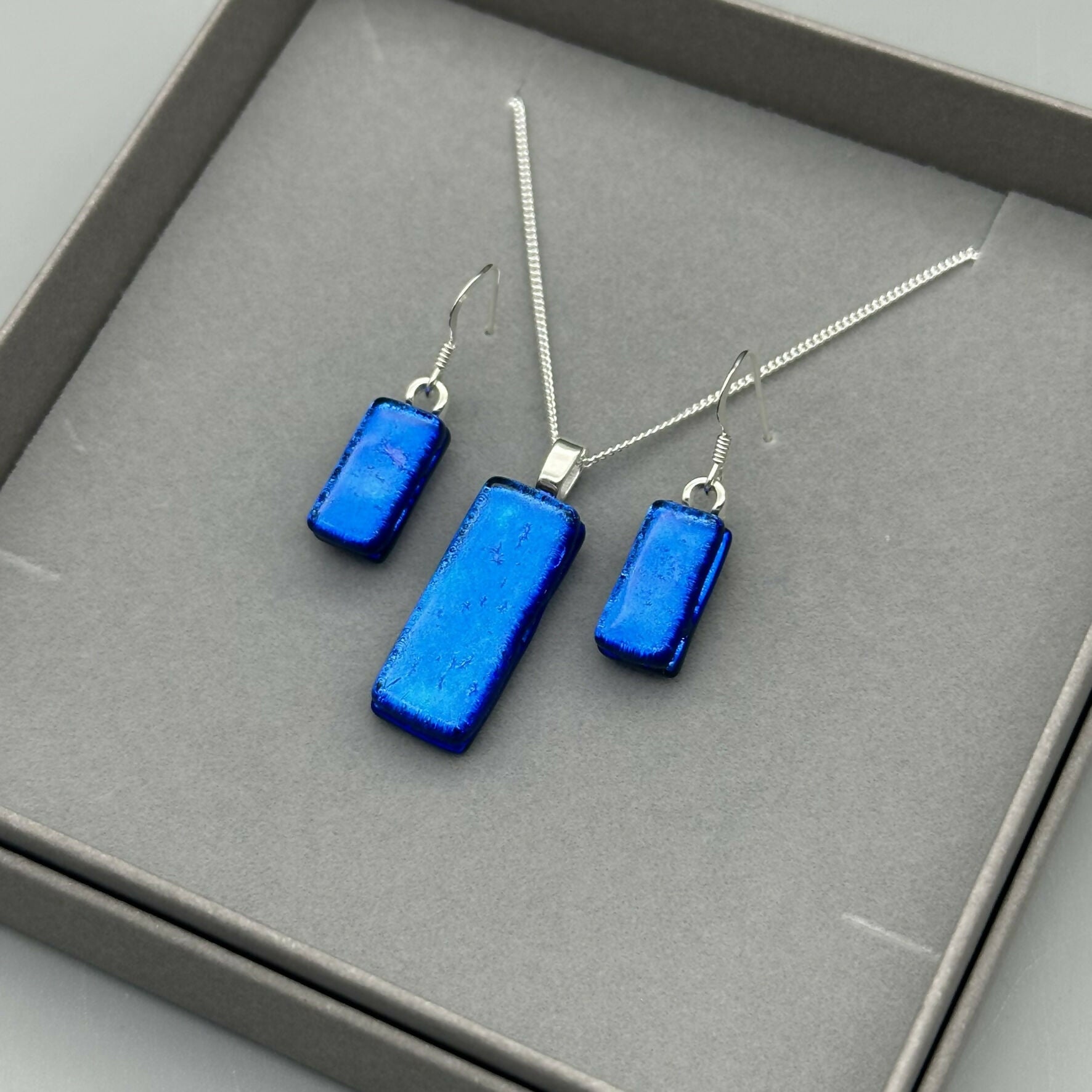 Mid Blue Dichroic Glass Necklace and Earrings Set - Sterling Silver, Handmade by Jade Tapson Glass.