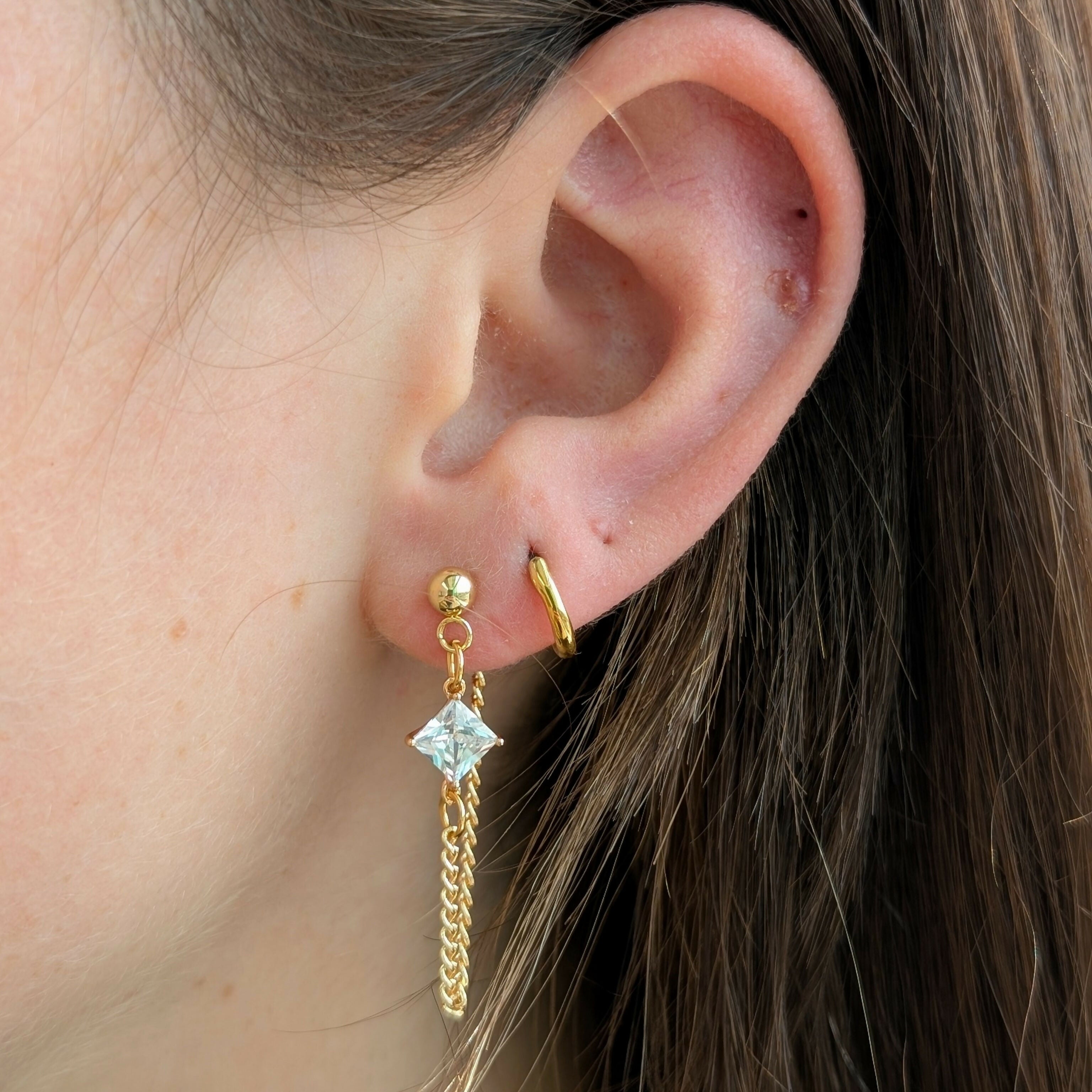 Clear Crystal Zirconia Chain Earrrings on Gold Plated Ball Stud