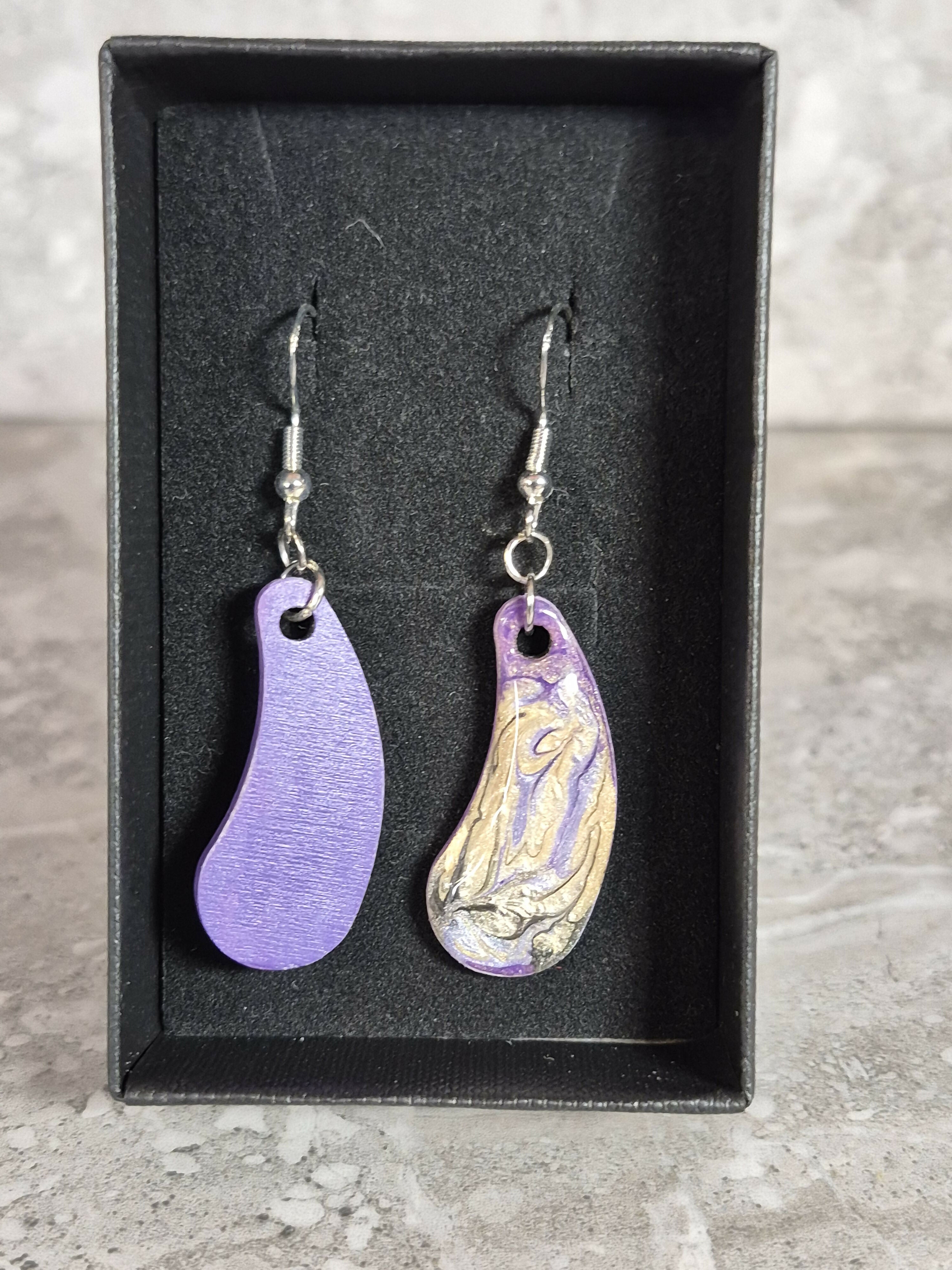 Handcrafted Teardrop Shaped Purple, Lilac, Cream And Black Earrings