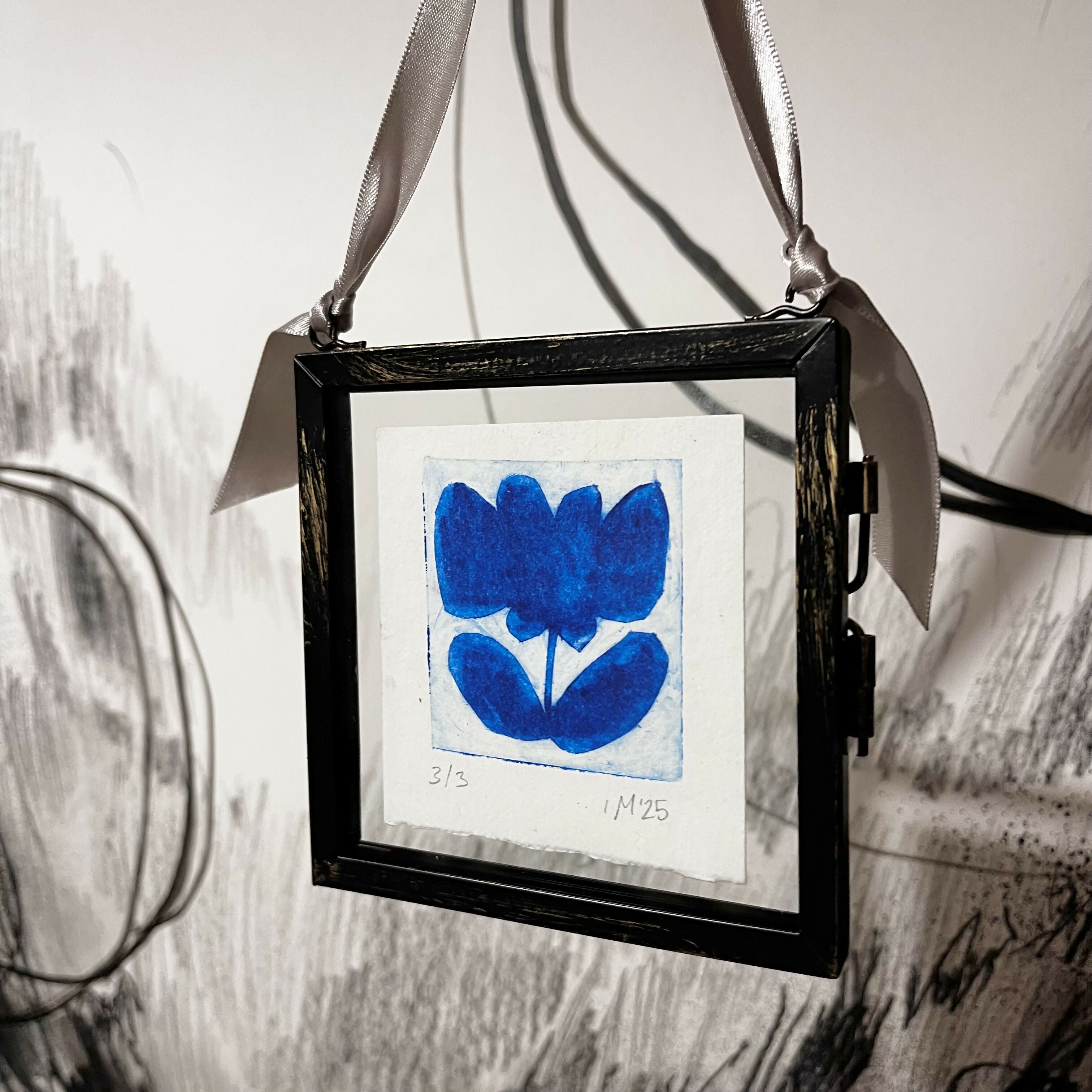 Framed Blue Flower Drypoint Print