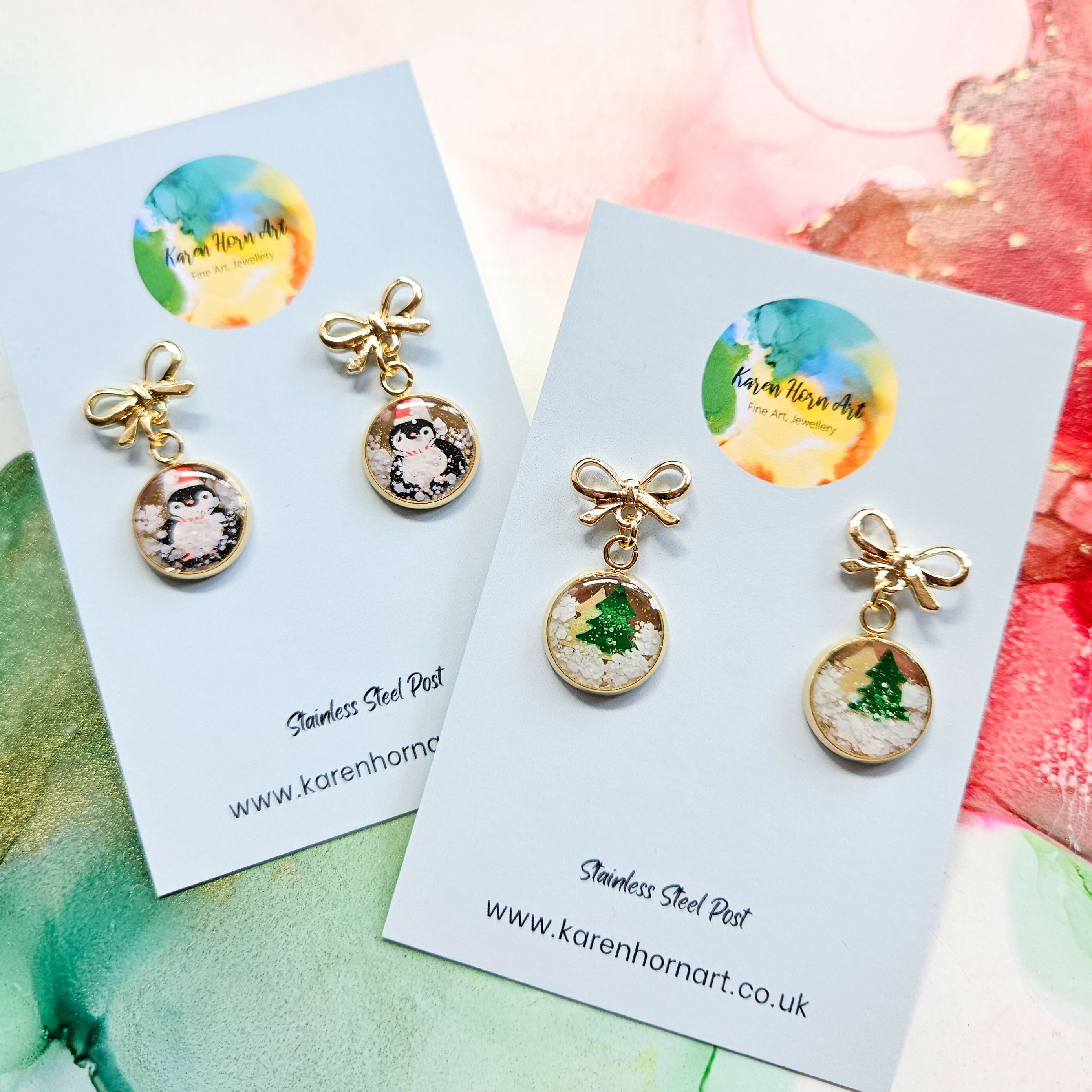 Handmade Christmas Penguin Or Trees Baubles Resin Earrings With Bow Studs