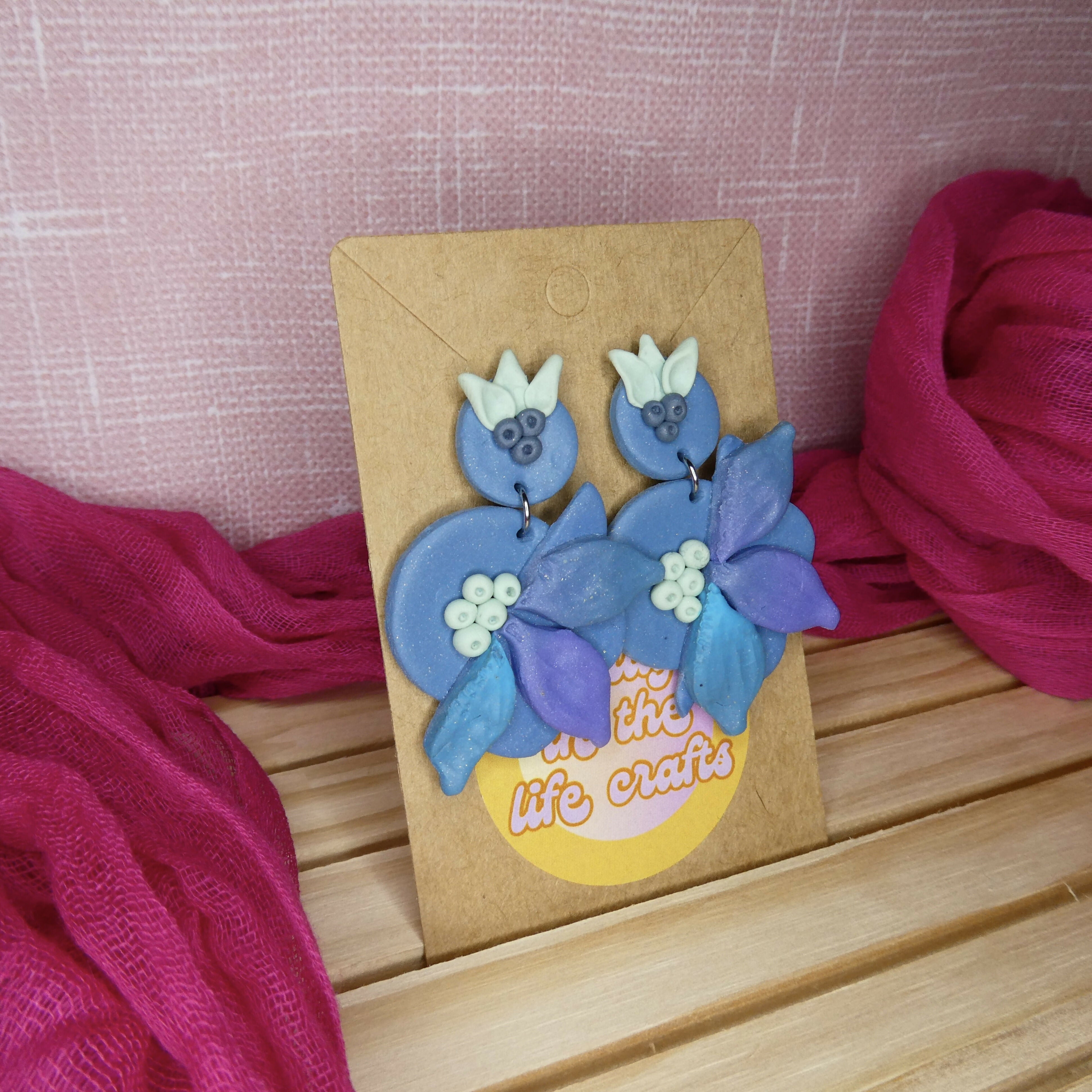 Blue And Purple Moulded Flower Polymer Clay Earrings