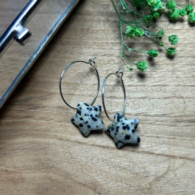 Silver Plated Hoops Featuring Dalmatian Jasper Stone Stars