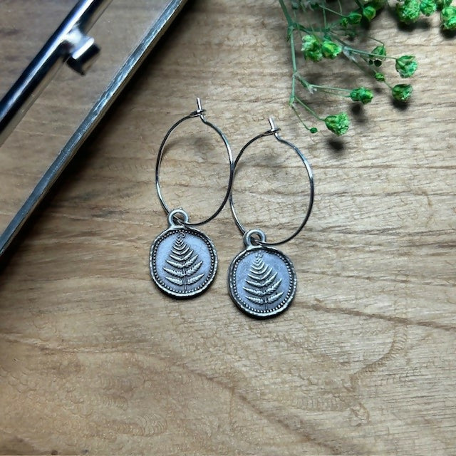 Silver Plated Fern Charm Hoops