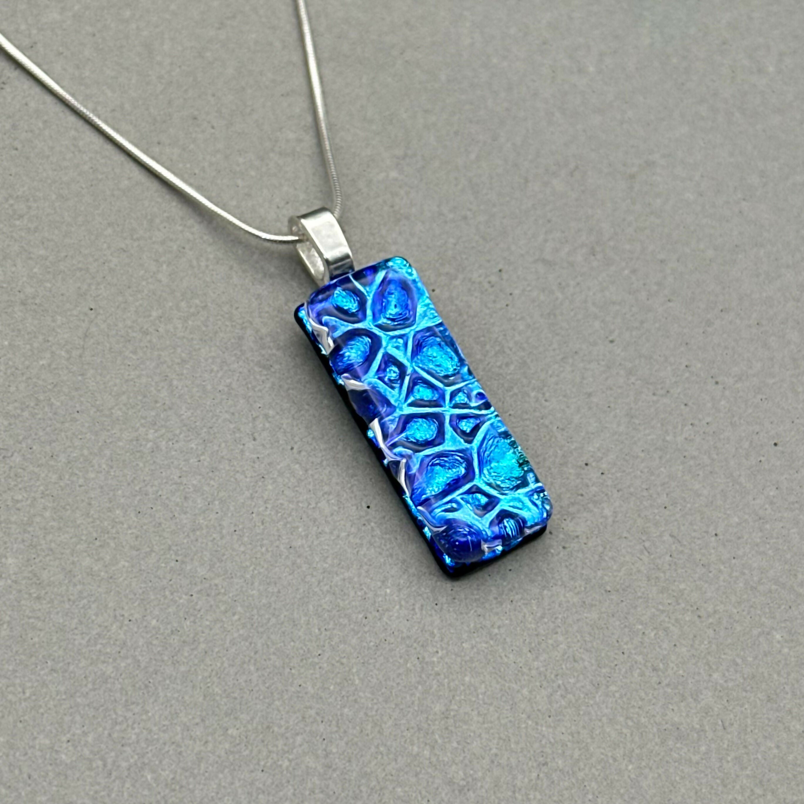Blue Raindrop Dichroic Fused Glass Pendant with Silver Plated Chain - Handmade by Jade Tapson Glass.