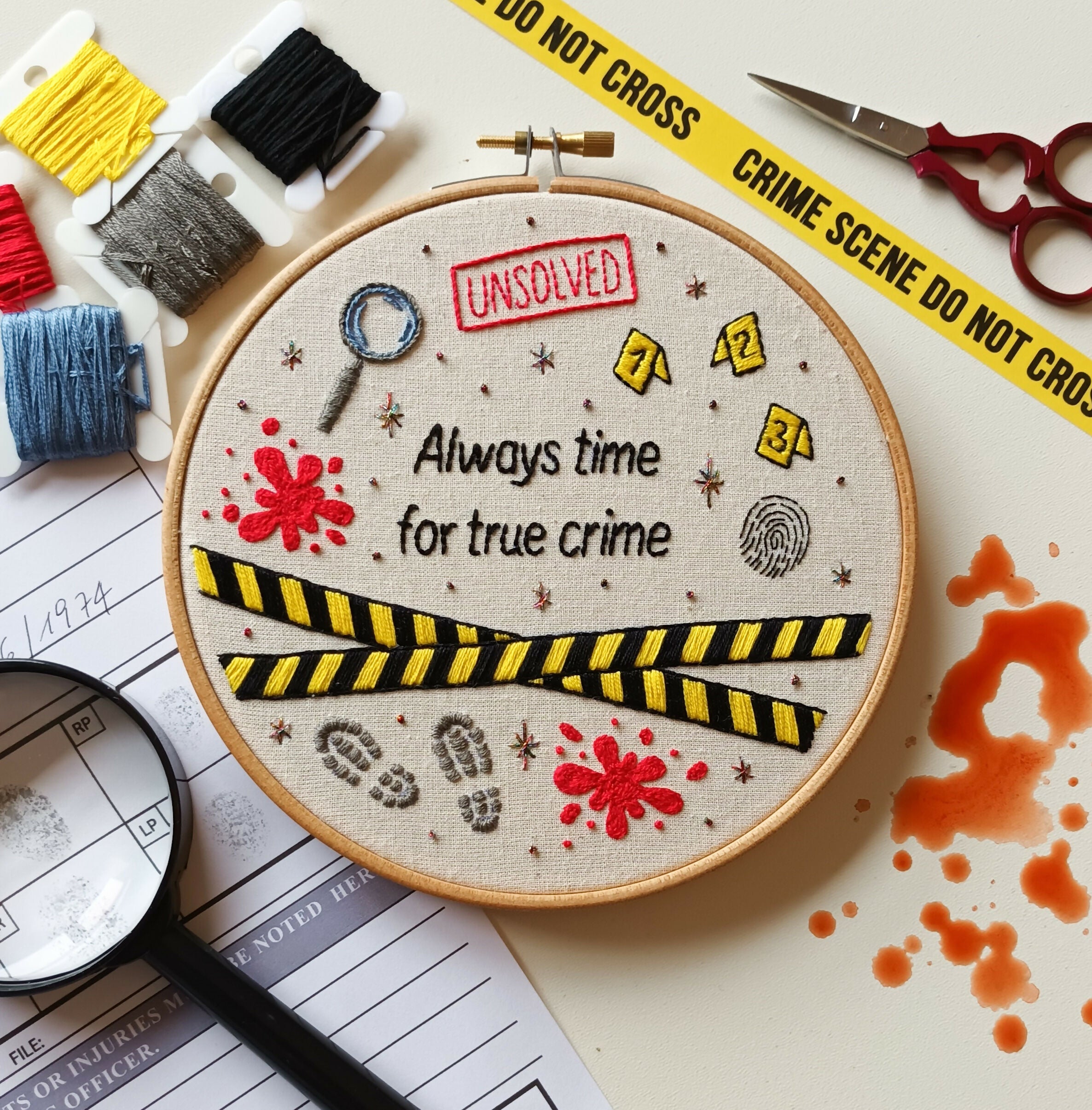 Preprinted Embroidery Pattern For Beginners - Always Time For True Crime