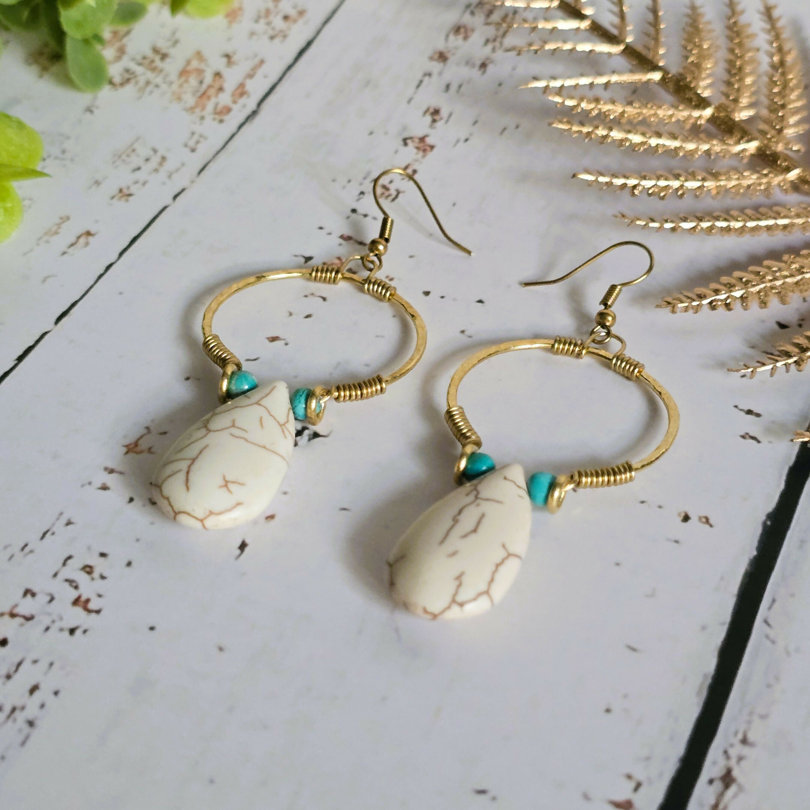 White Howlite Hoop Earrings; Hammered Brass Wire Boho Crystal Turquoise Thai Earrings