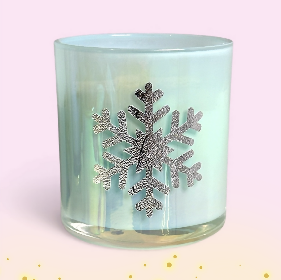 Shimmering Snowflake Blue Glass Soy Wax Candle - Snowy Air and Eucalyptus Fragranced Vegan Candle