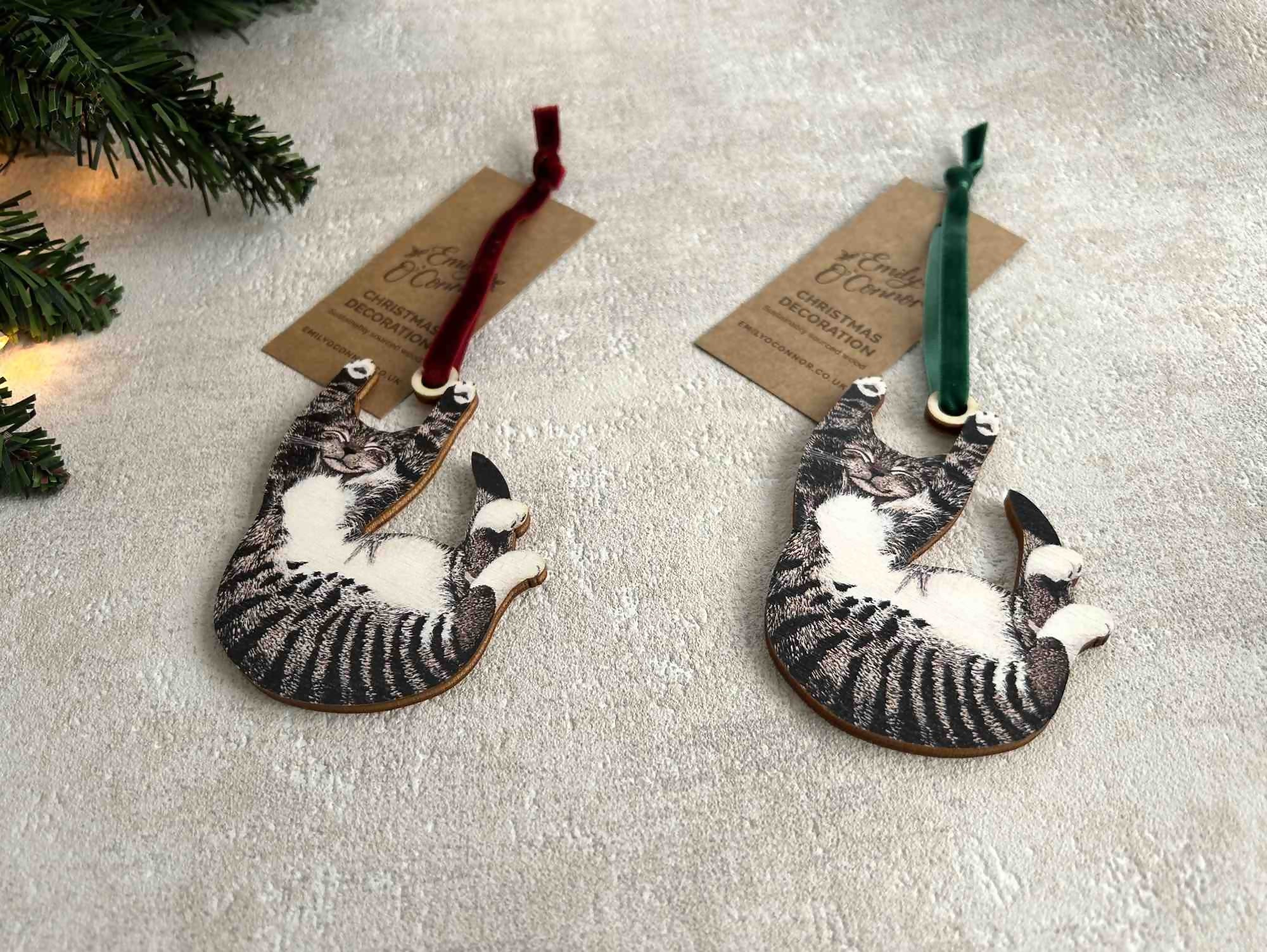 Tabby Cat Wooden Christmas Tree Decoration