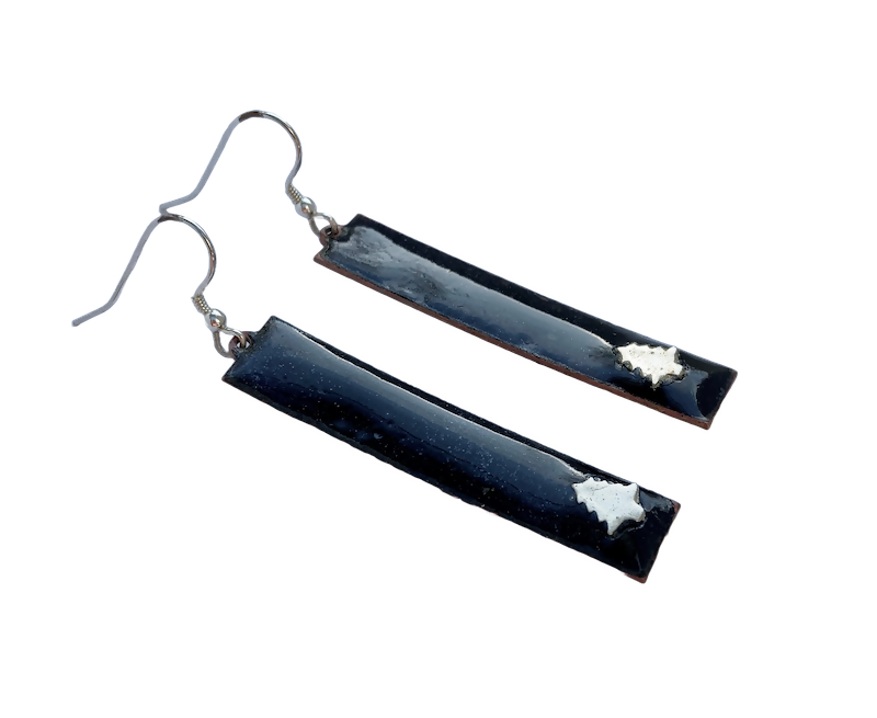 Black Enamel Drop Earrings With Fine Silver Christmas Tree