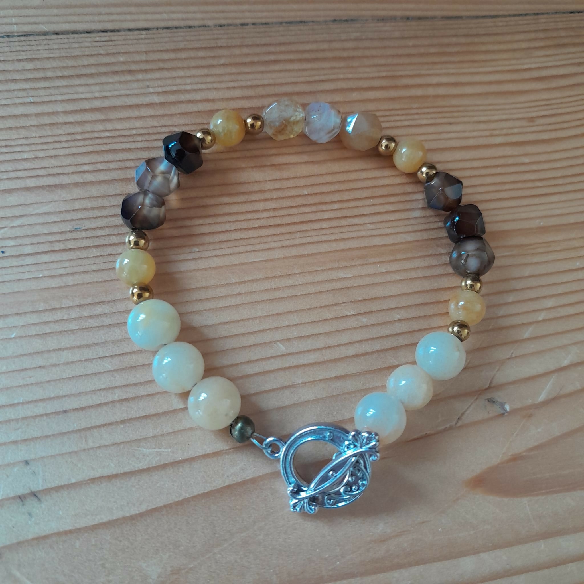 Tibetan Silver toggle Bracelet with Aged Yellow Jade, Bronze Hematite and Faceted Coffee Agate.