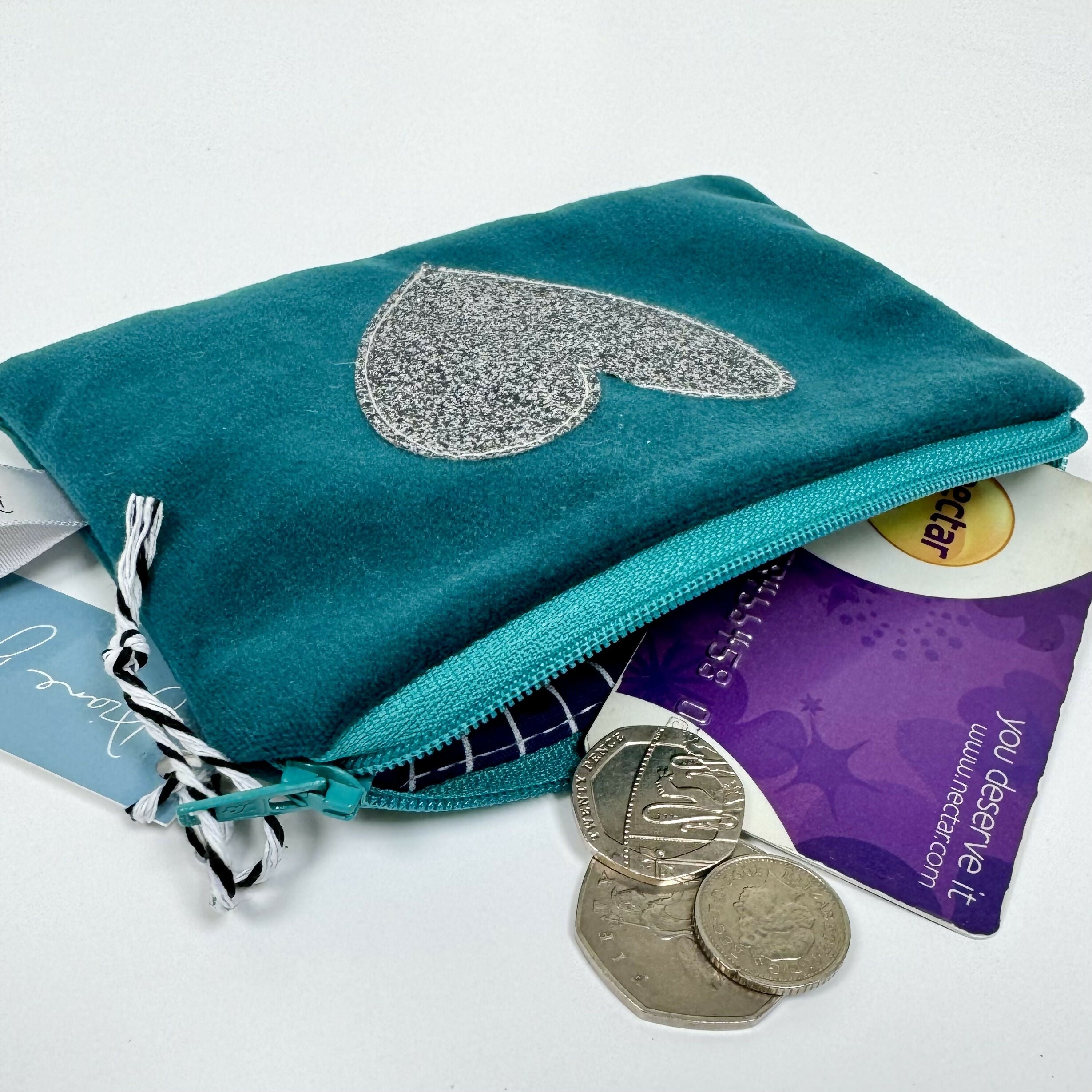 Teal Velvet Purse with Silver Sparkle Heart