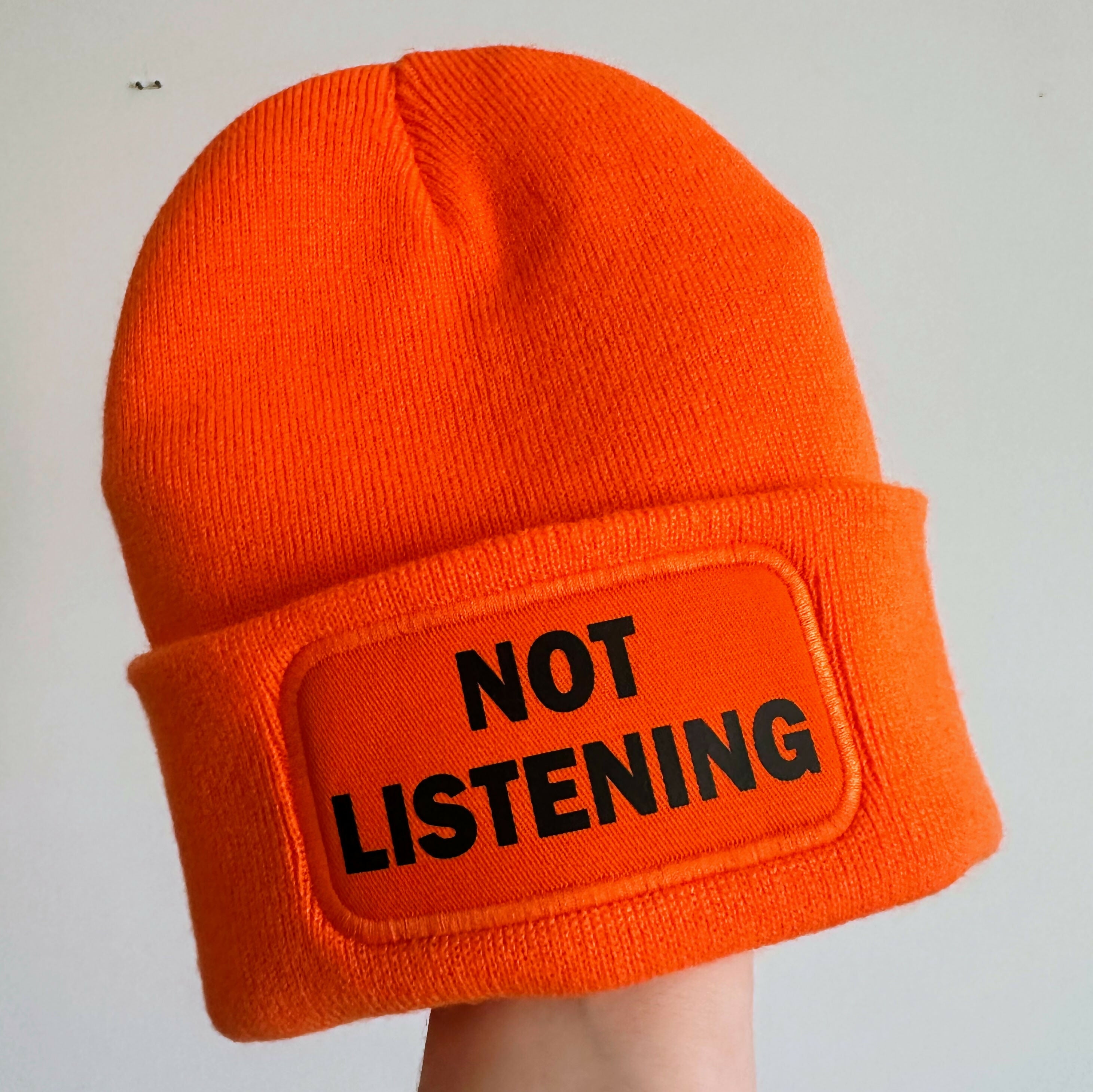 Not Listening Cuffed Rectangular Patch Beanie Hat