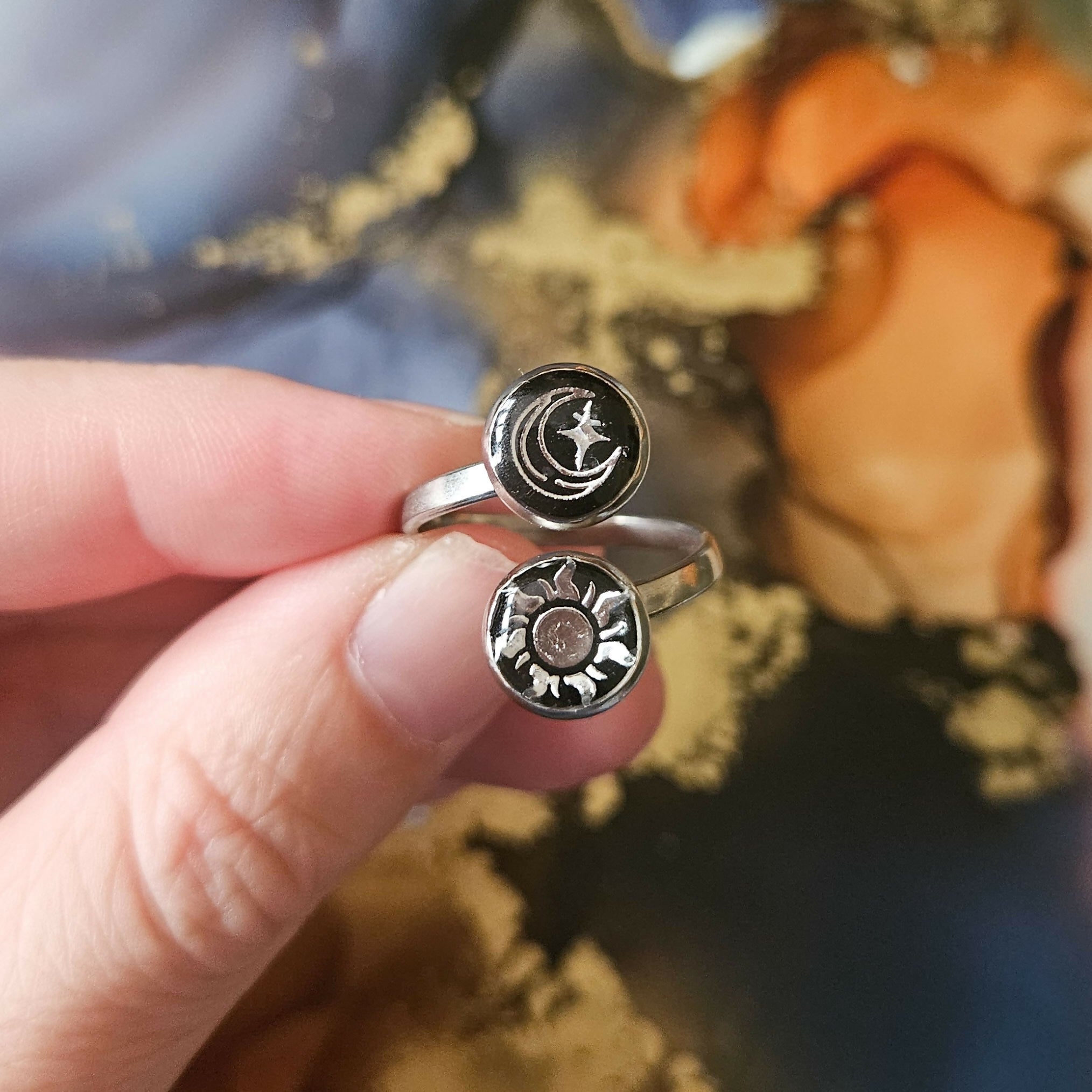 Handmade Black Silver Moon Stars Sun Resin And Stainless Steel Double Ring