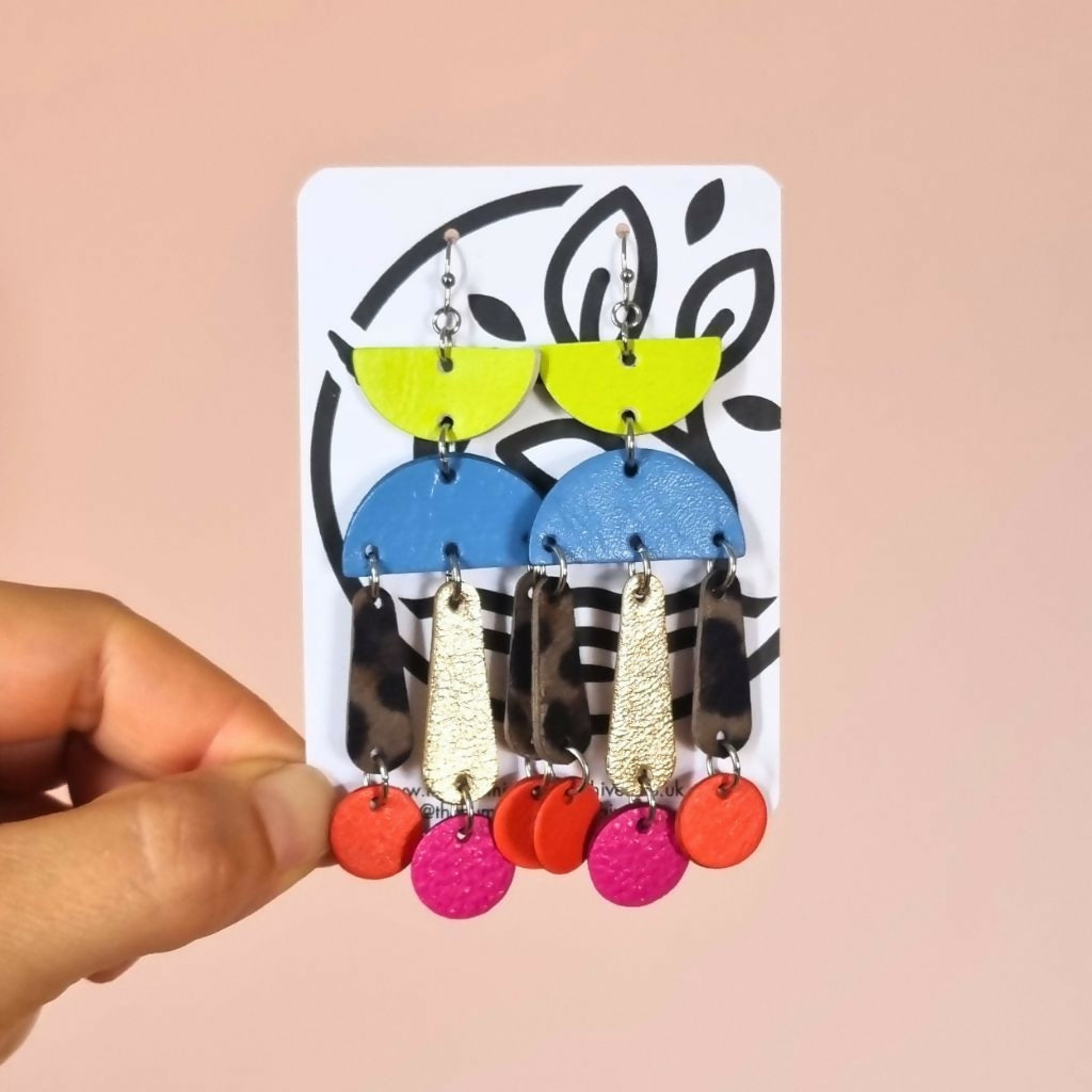 Multicoloured and Leopard Print Large Dangly Earrings