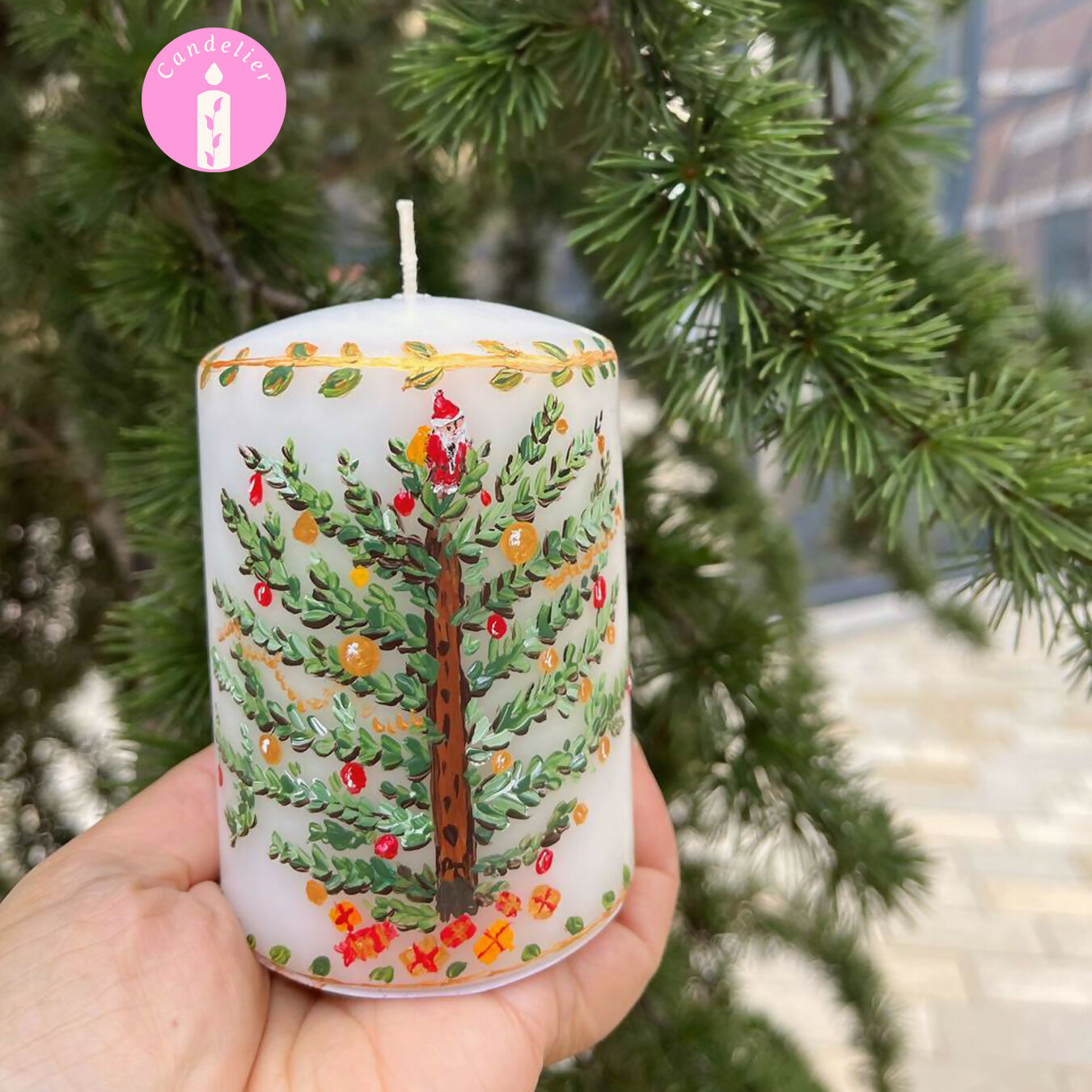 Christmas Tree Design On White Candle