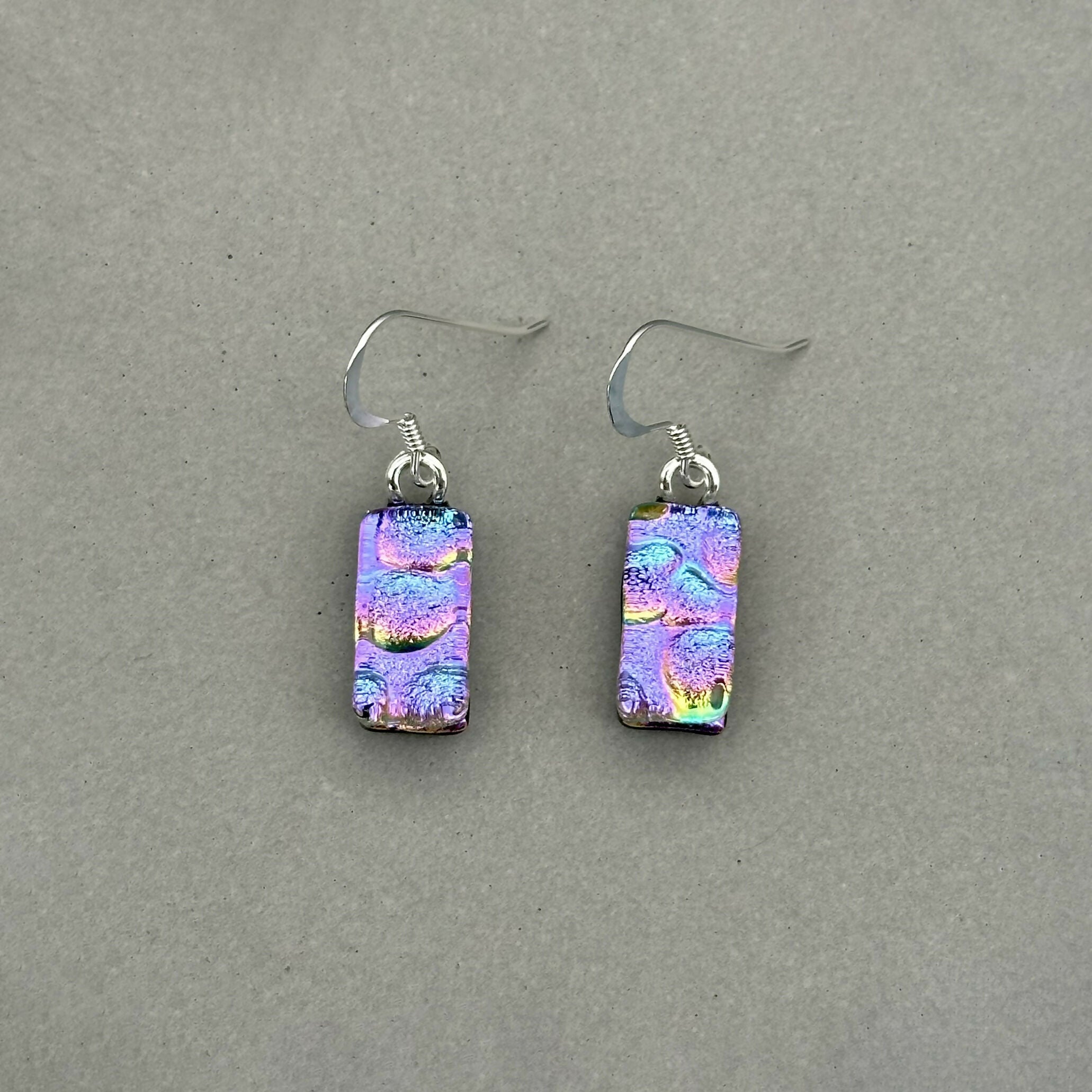 Purple Bubble Dichroic Fused Glass Dangle Sterling Silver Earrings - Handmade by Jade Tapson Glass.