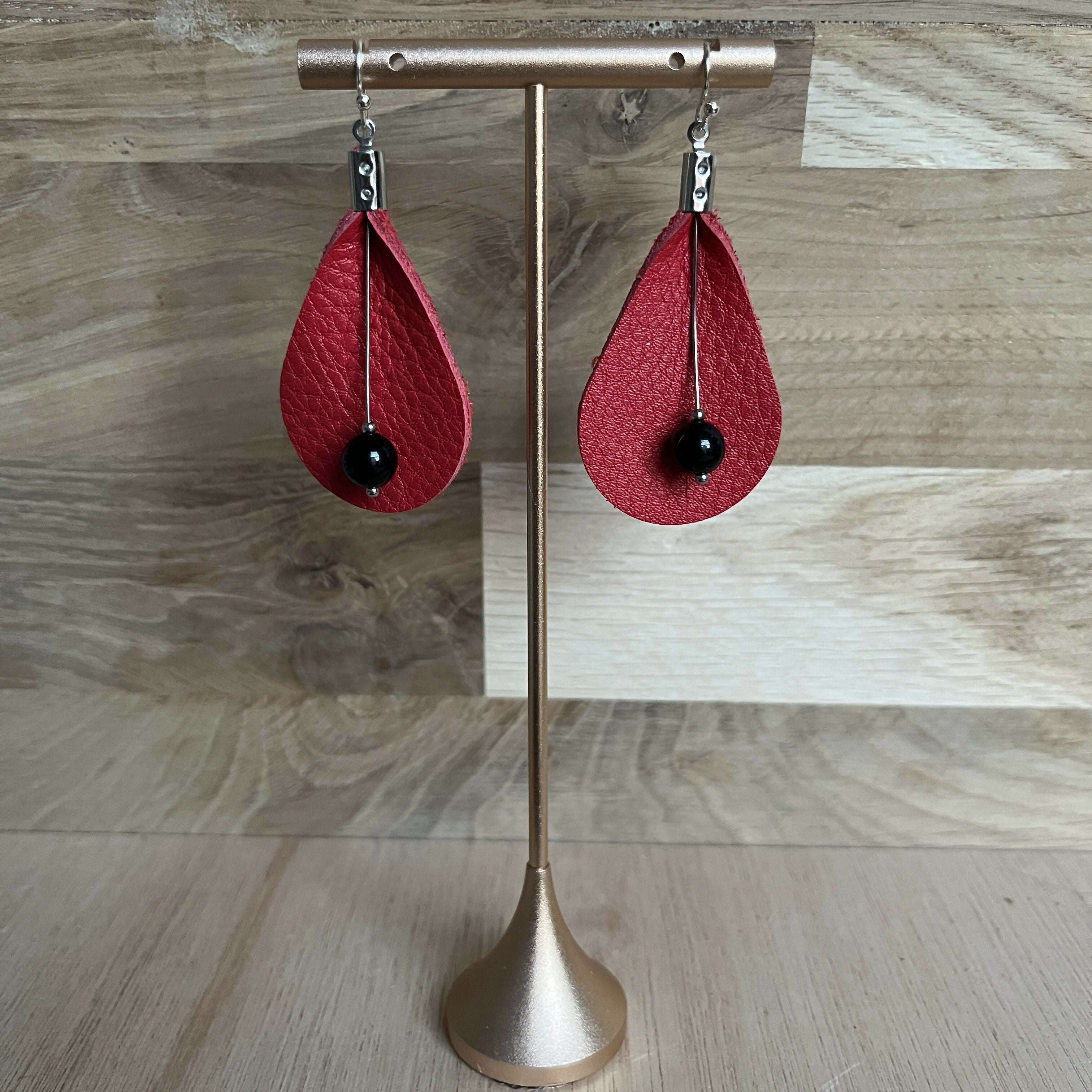 Forest Whisper Leather Earrings – Wild Berry Red
