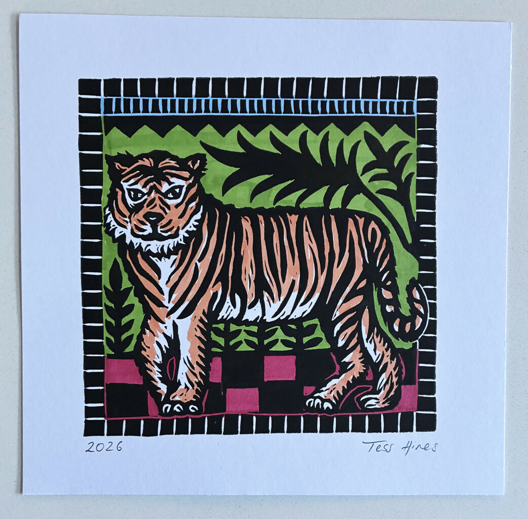 Original Linocut of a Tiger.