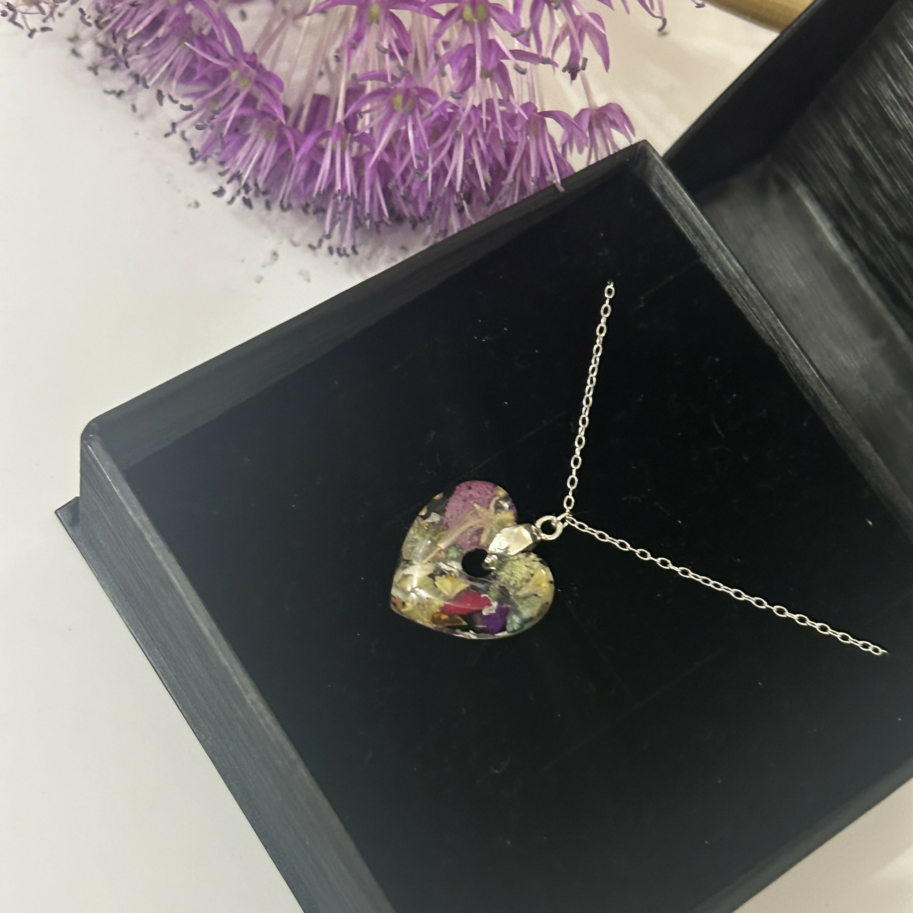 Crushed Rose and Lily Petal Heart Pendant Necklace