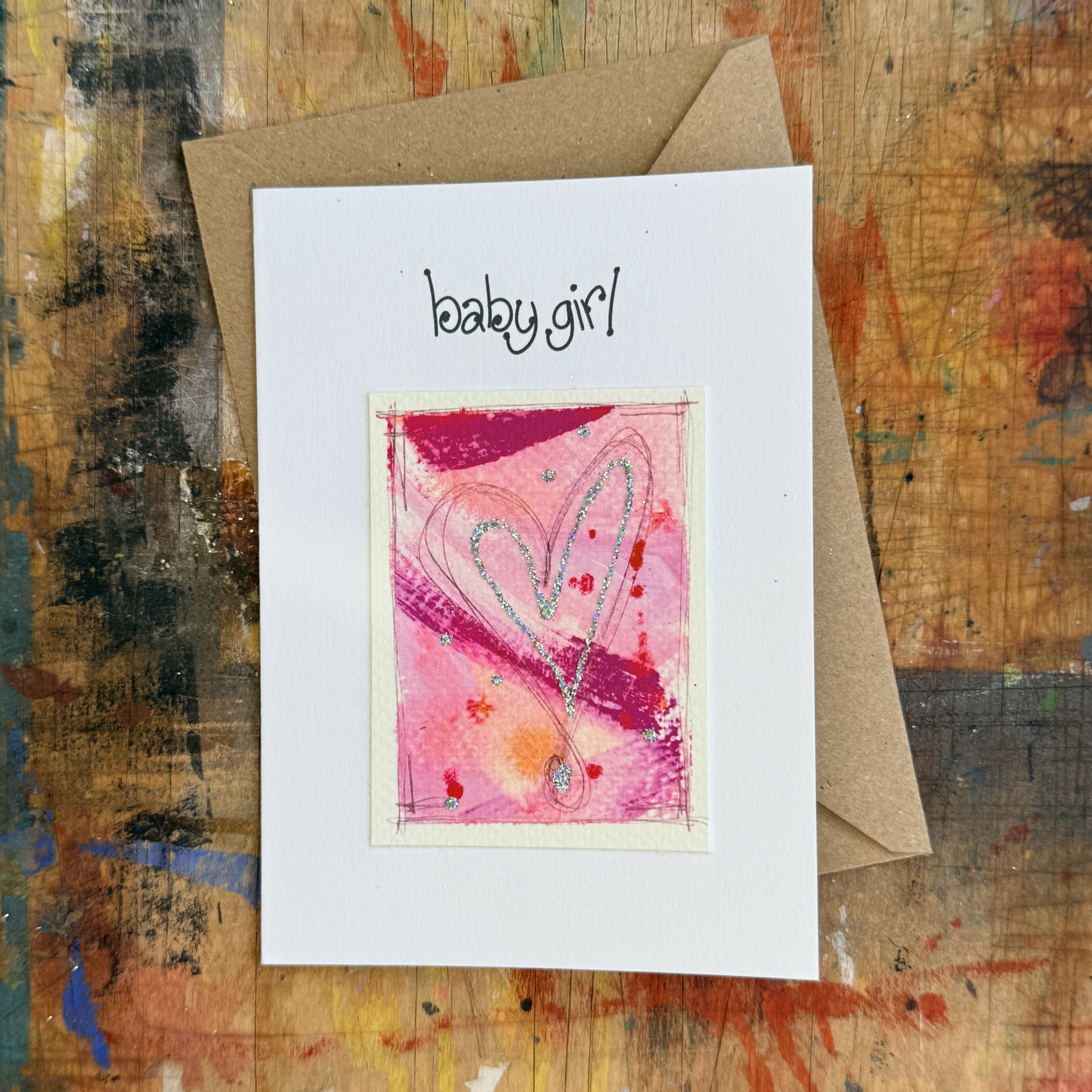 Abstract Sparkle Heart Baby Girl Card in Pink