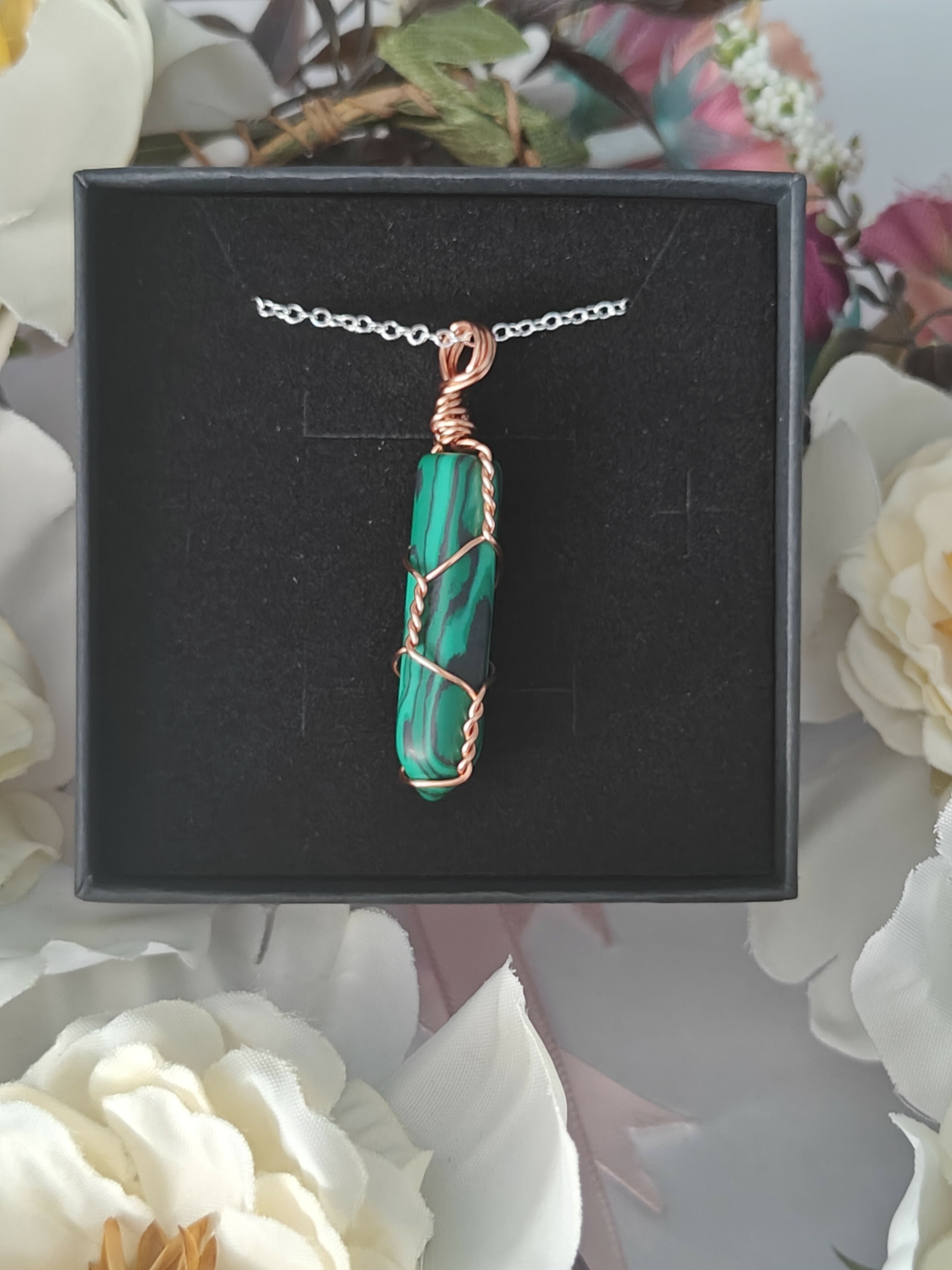Malachite Wire Wrapped Crystal Point Necklace on Sterling Silver Chain