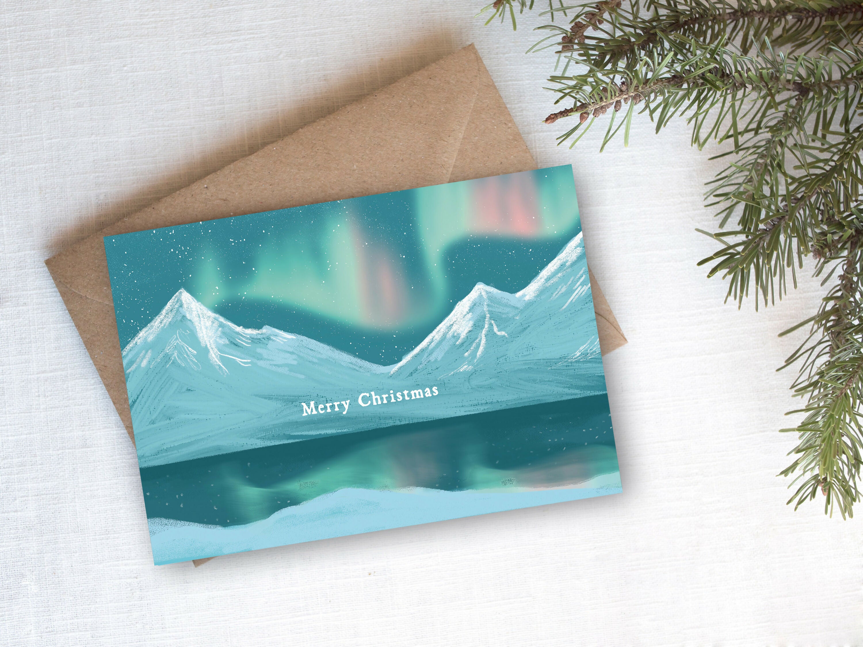 Northern Lights Mountains Christmas Card