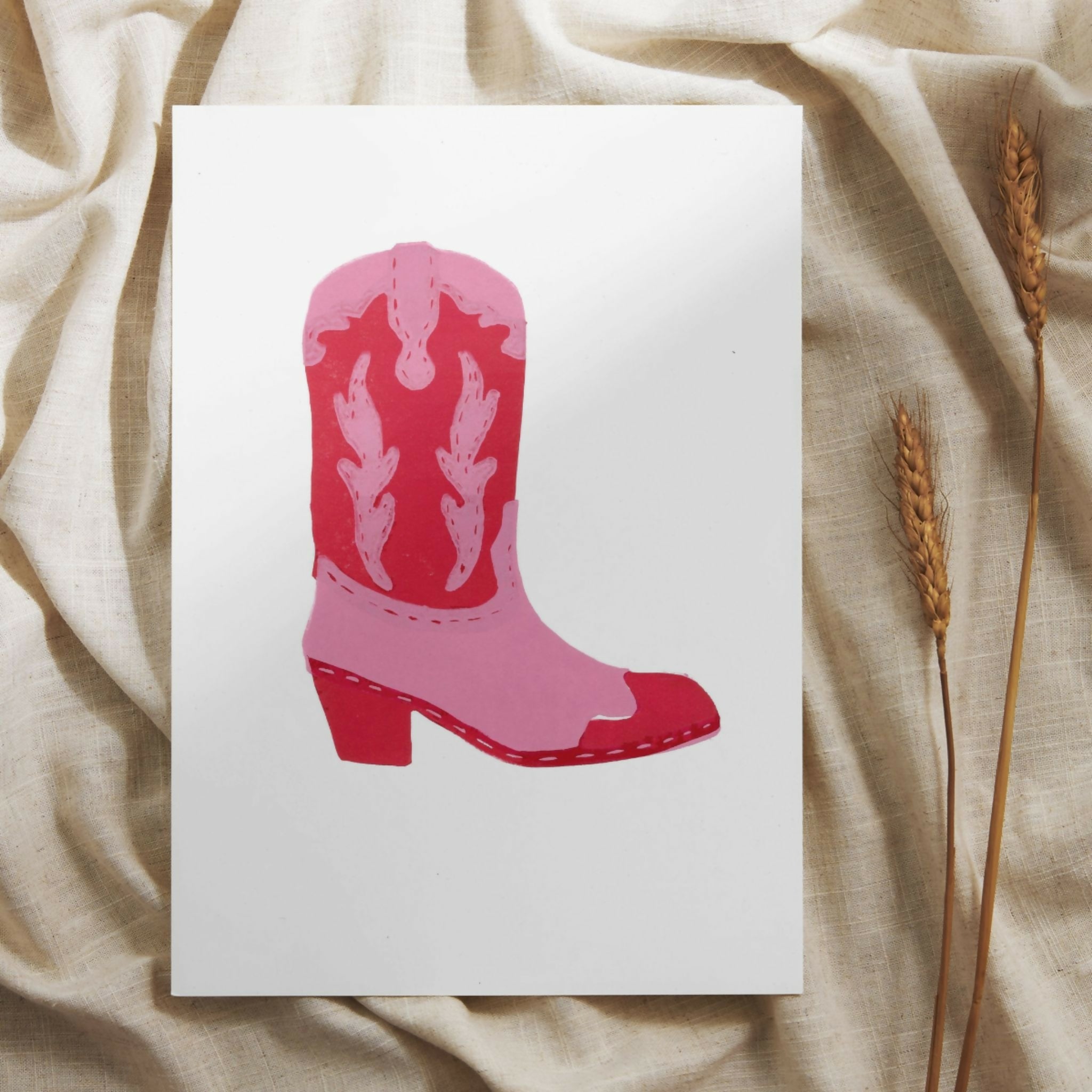 Original Lino Print 'Pink Cowgirl Boot'