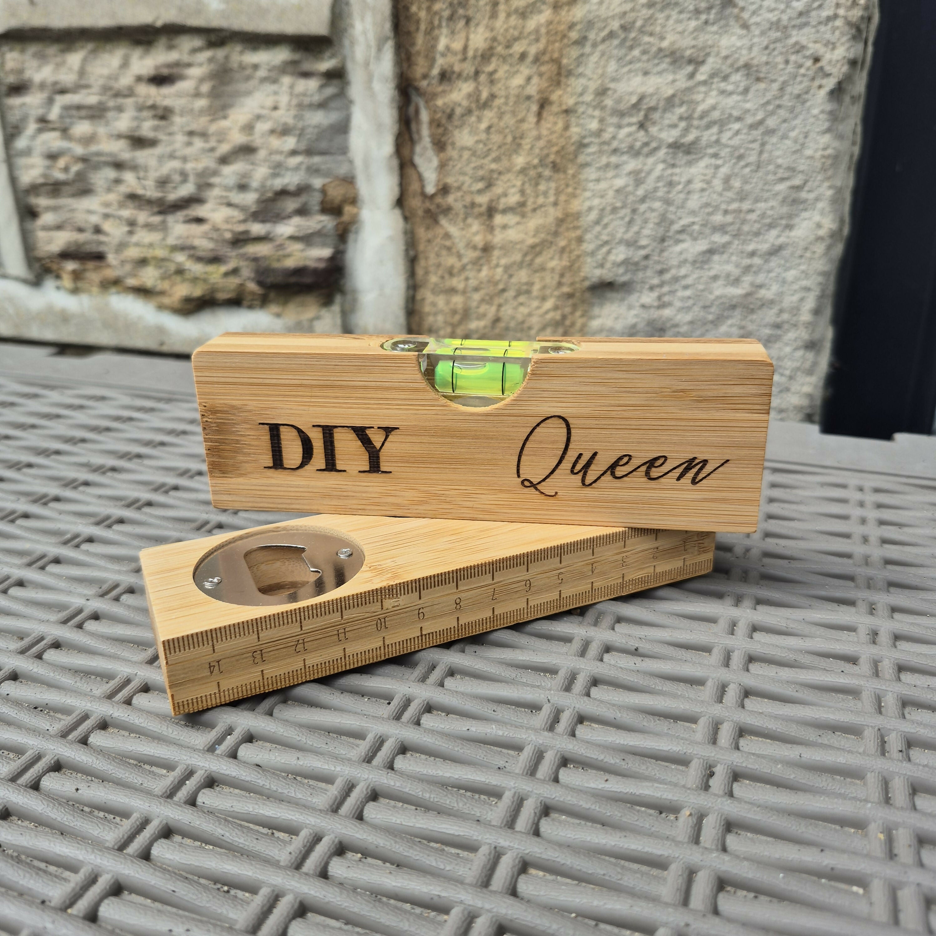Engraved Bamboo Spirit Level – Ruler Base, Bottle Opener & Engraved Front – Unique Gift for DIY Lovers - Mum