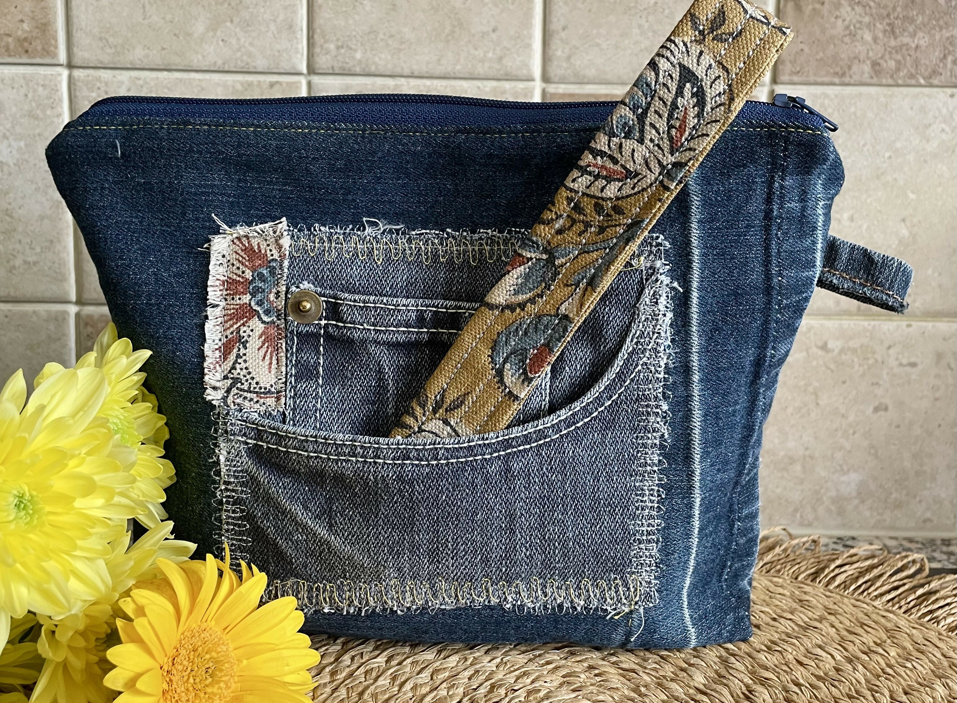 Upcycled Denim Clutch Bag with wristlet.