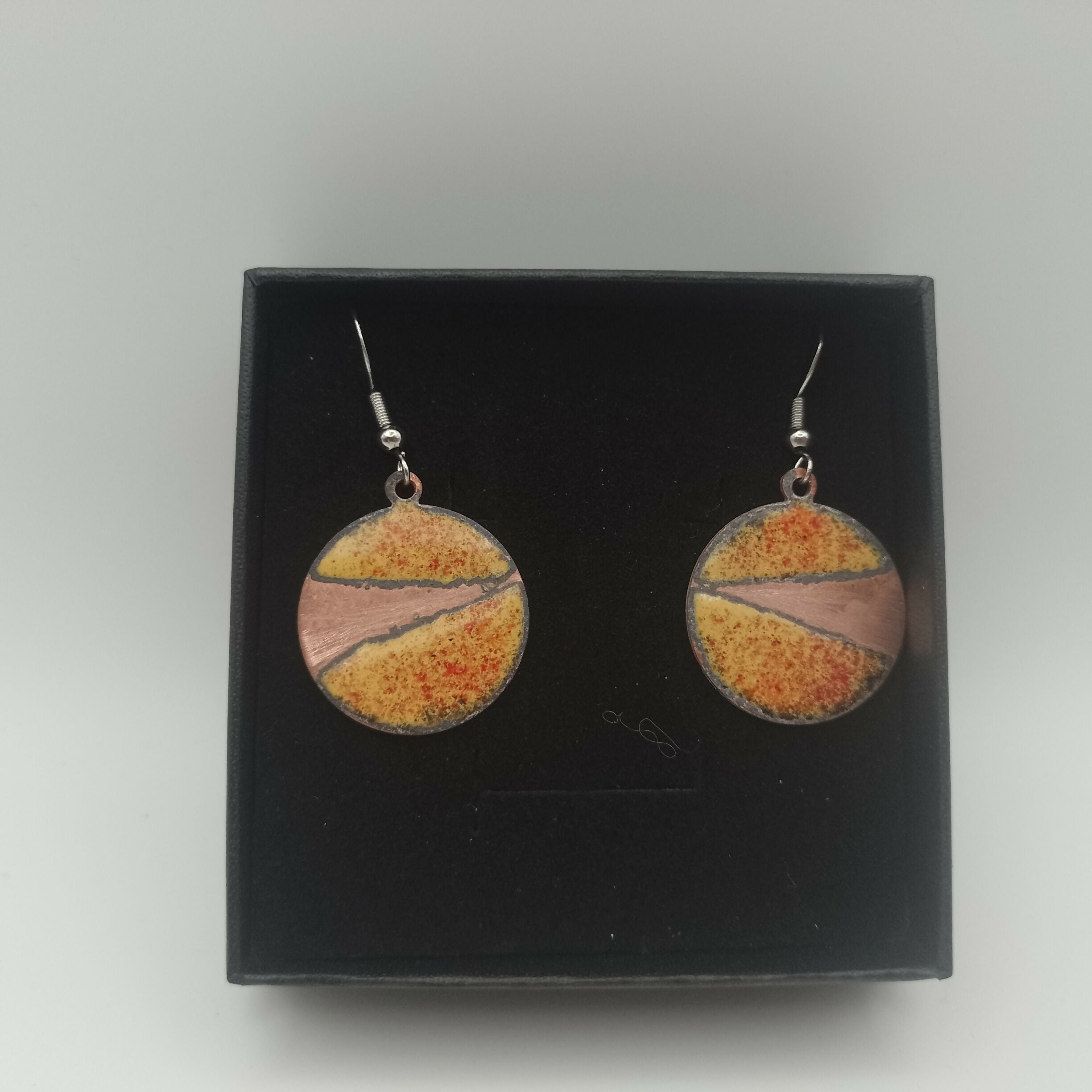 Orange and Yellow Enamel and Copper Circle Earrings