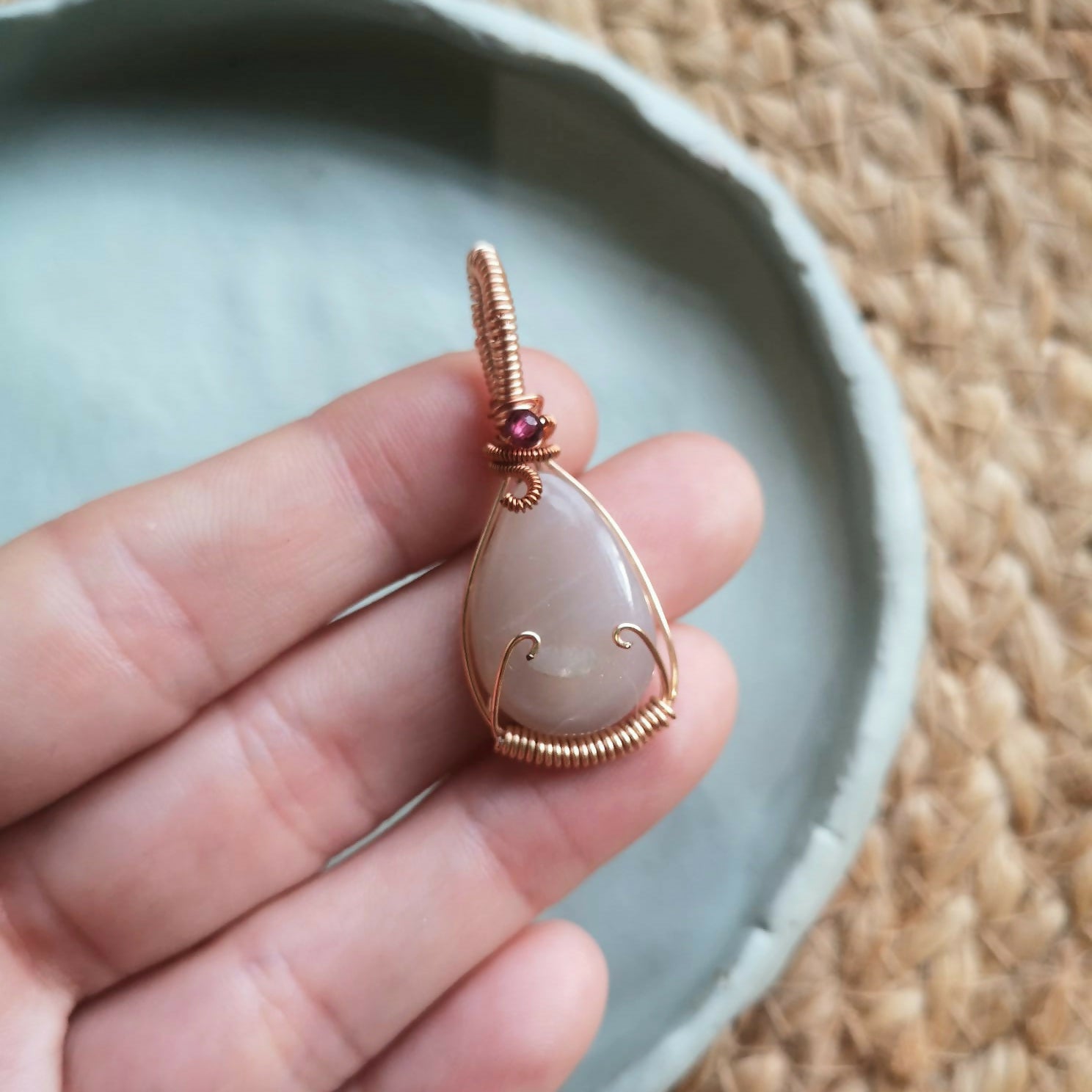 Moonstone & Garnet Wire Wrapped Copper Pendant With Suede Cord