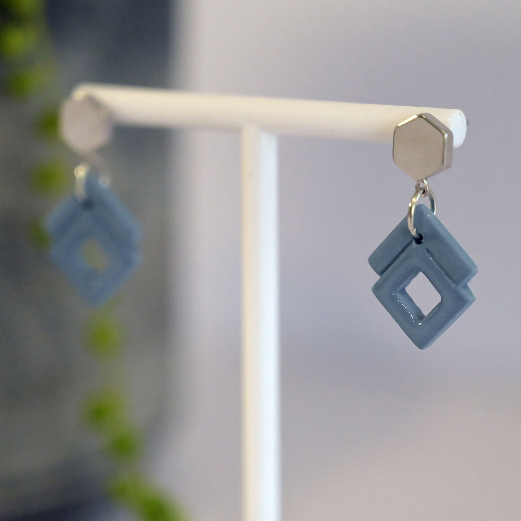 Blue Art Deco Dangle Earrings - Handmade Polymer Clay - Polly Plant