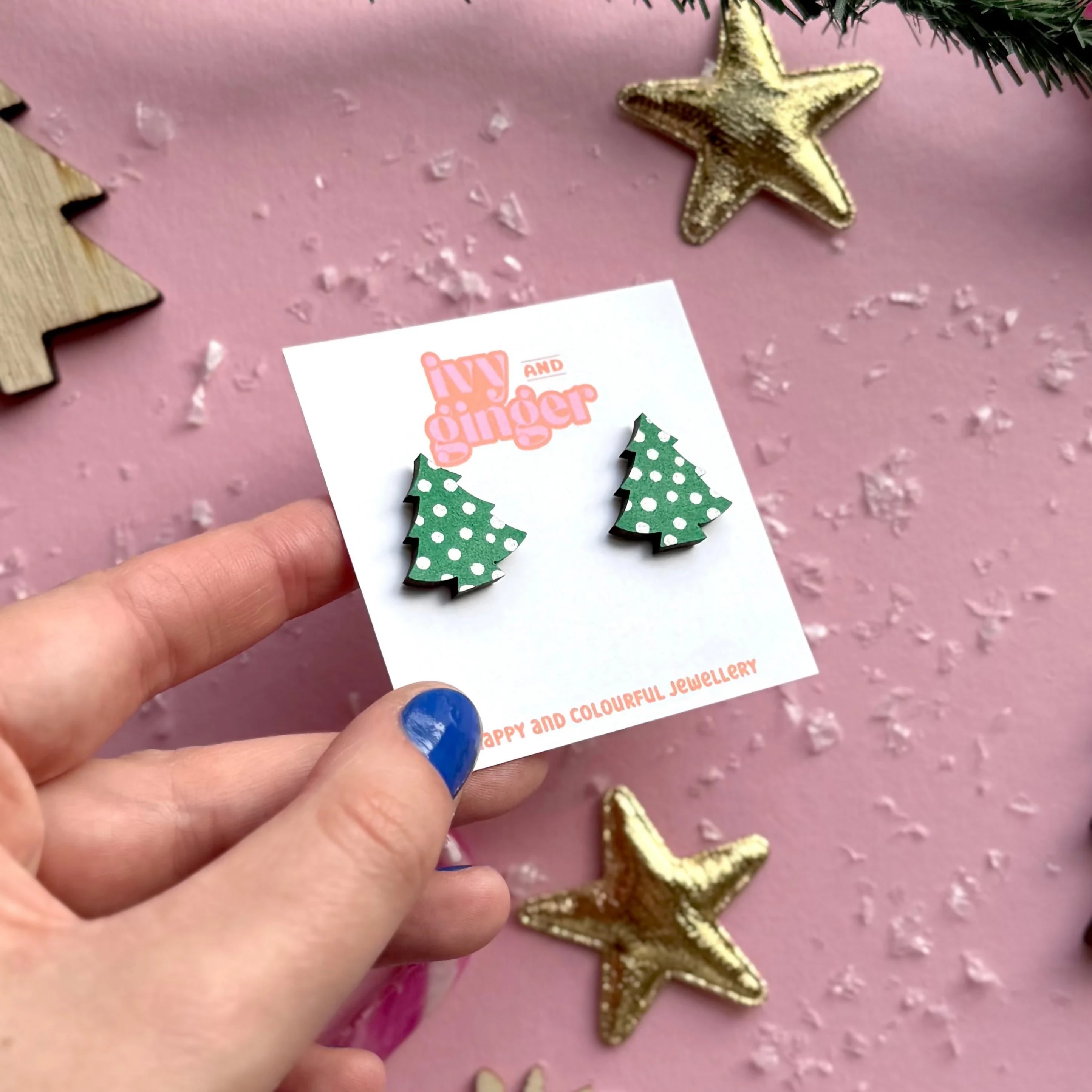 Silver Polka Dot Print Christmas Tree Stud Earrings