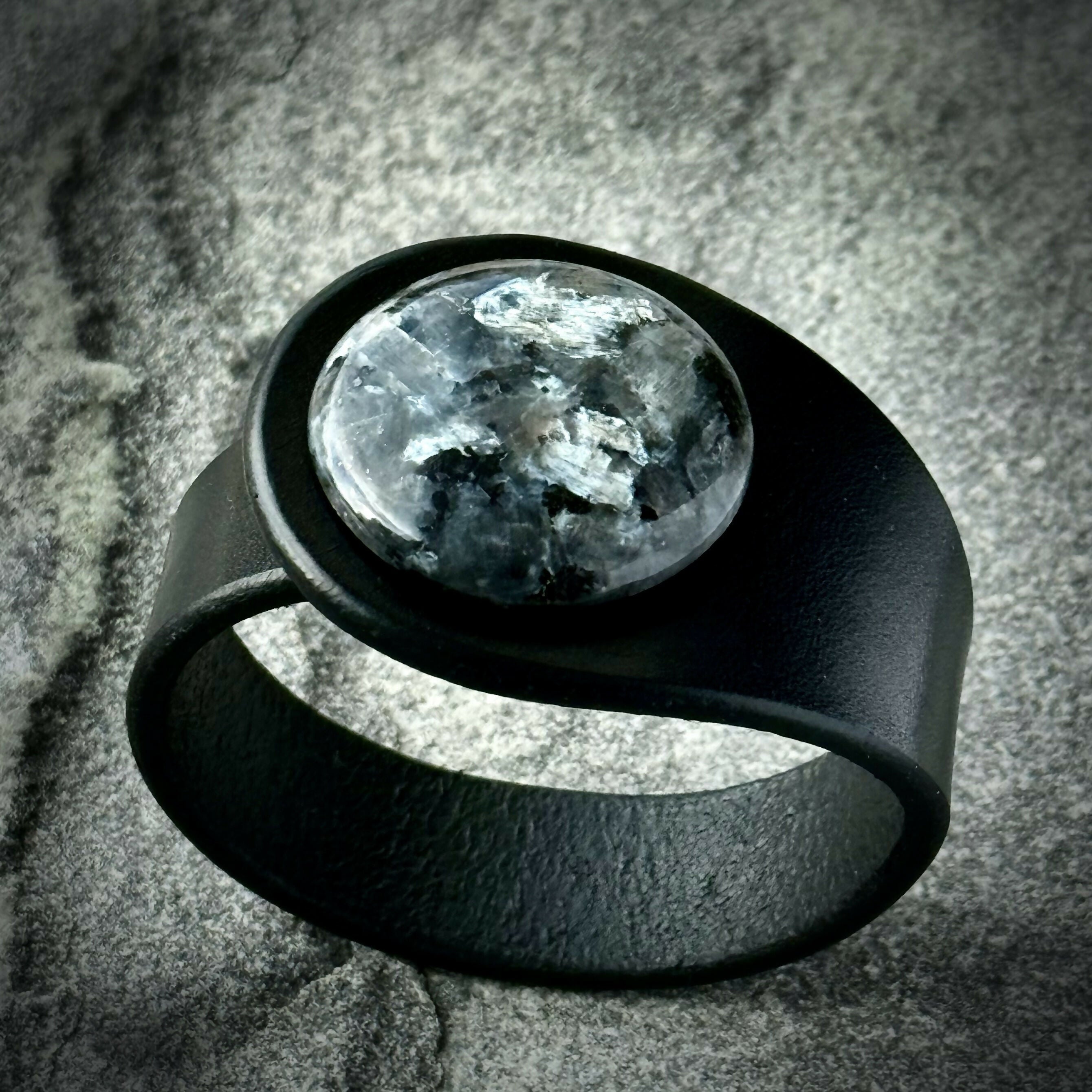 Handcrafted Natural Leather & Larvikite Gemstone Bracelet - Size S or M