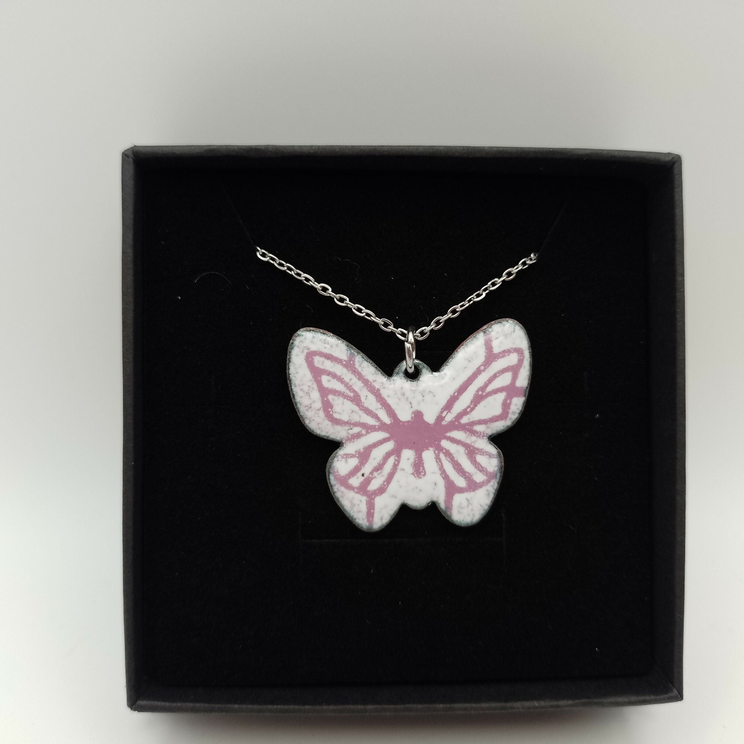 White and Pink Enamel Butterfly Pendant